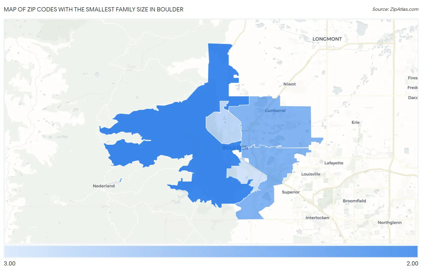 Zip Codes with the Smallest Family Size in Boulder Map