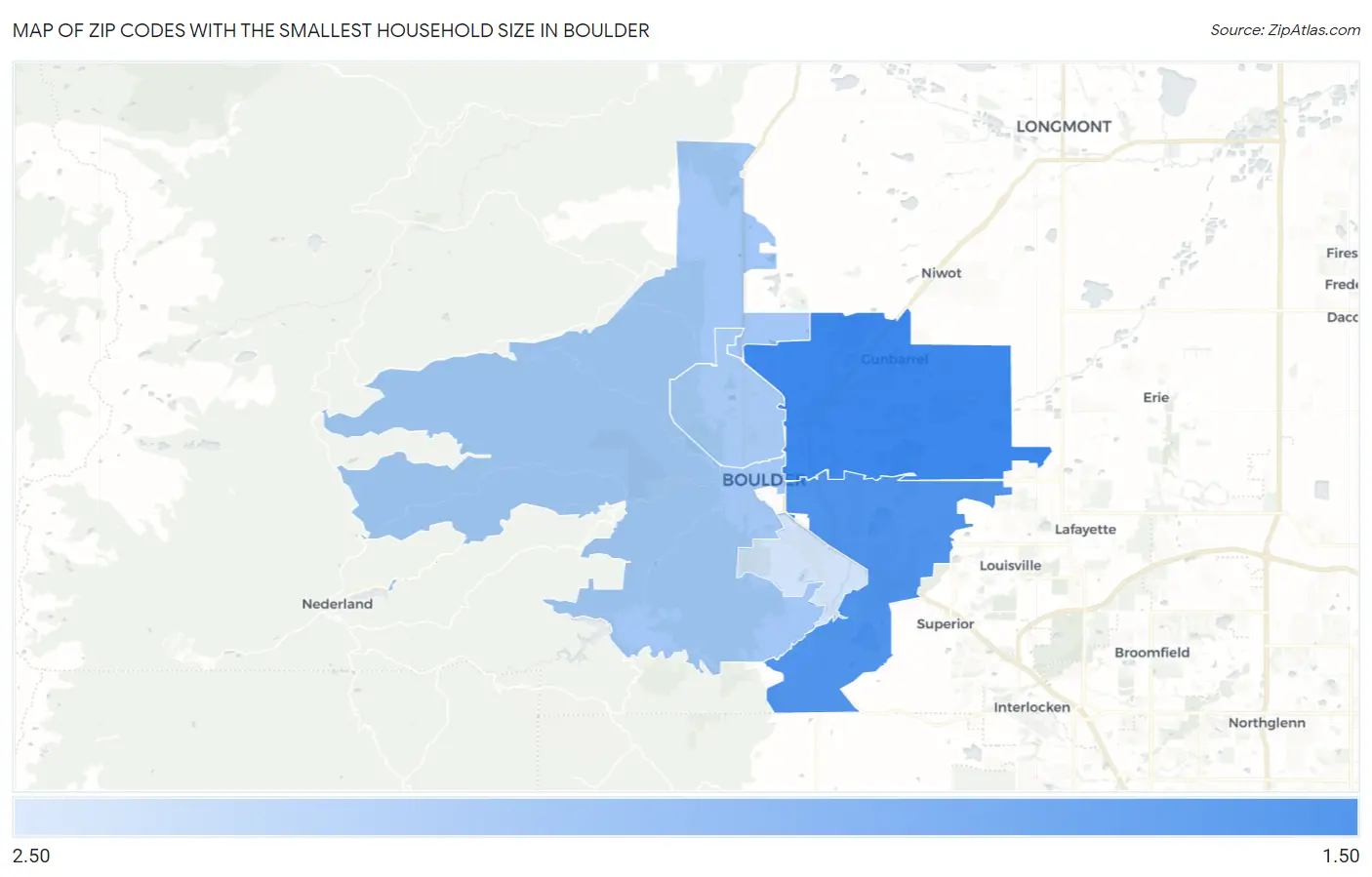 Zip Codes with the Smallest Household Size in Boulder Map