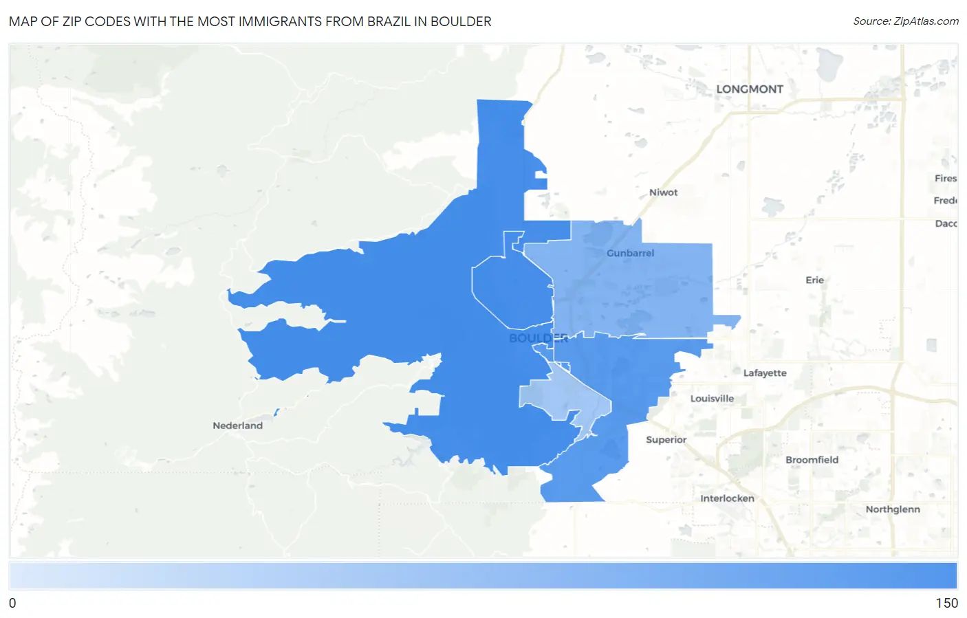 Zip Codes with the Most Immigrants from Brazil in Boulder Map