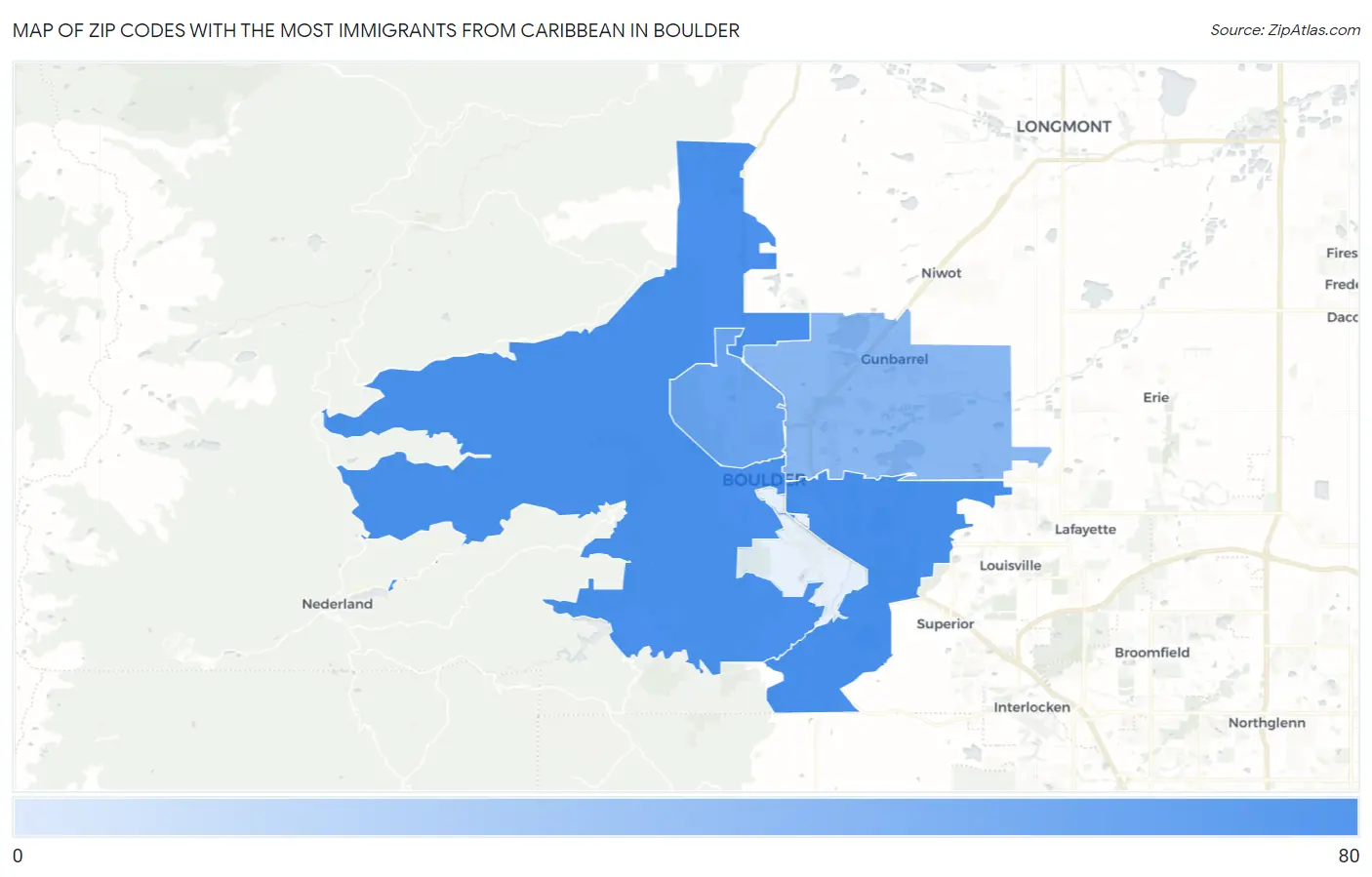Zip Codes with the Most Immigrants from Caribbean in Boulder Map