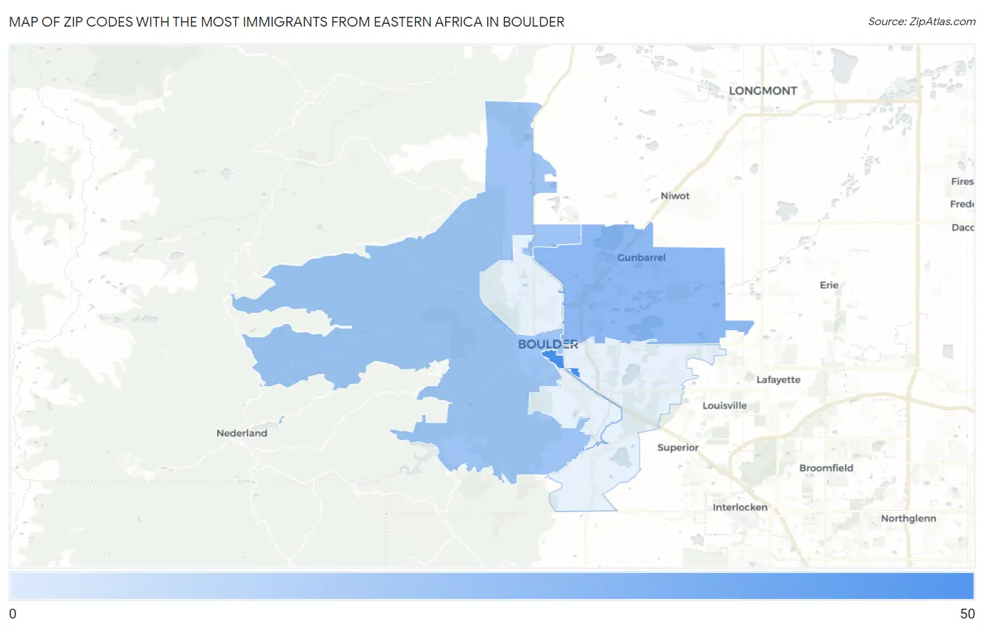 Zip Codes with the Most Immigrants from Eastern Africa in Boulder Map