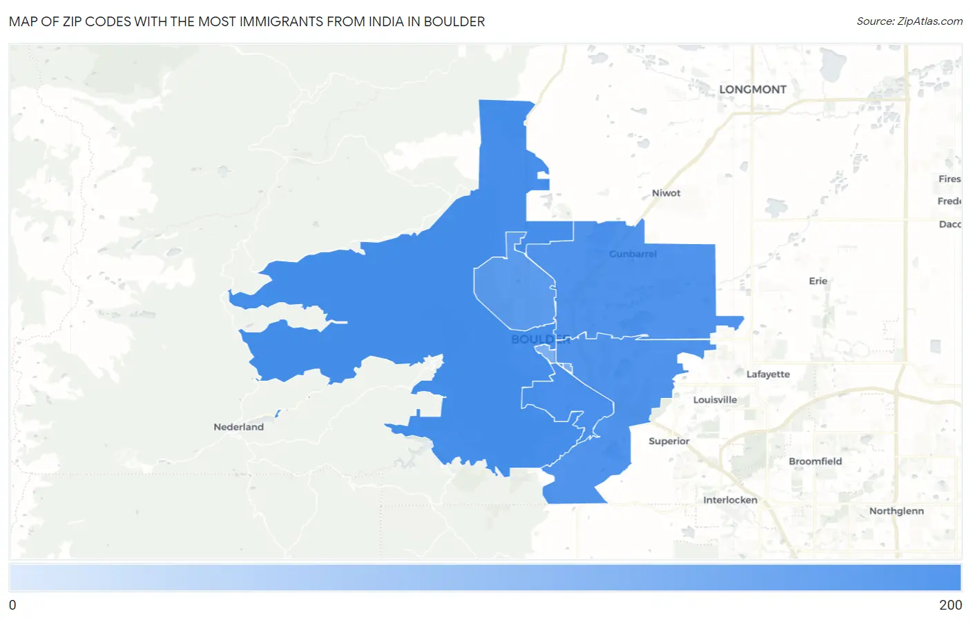 Zip Codes with the Most Immigrants from India in Boulder Map
