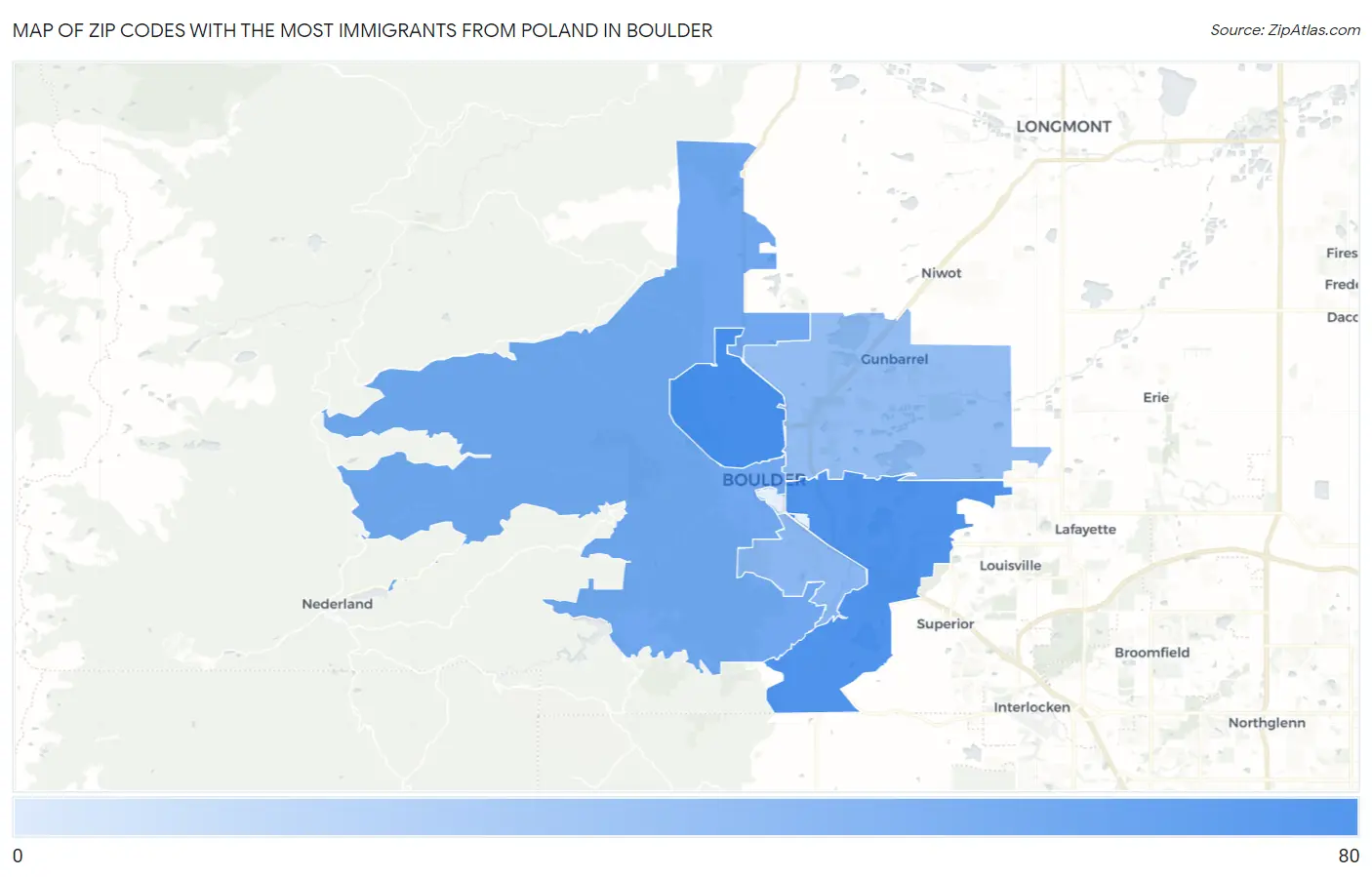 Zip Codes with the Most Immigrants from Poland in Boulder Map