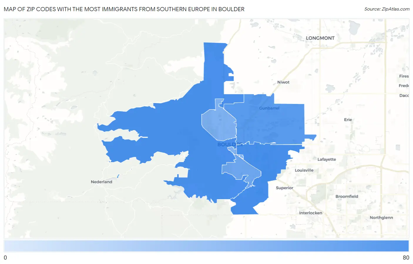Zip Codes with the Most Immigrants from Southern Europe in Boulder Map