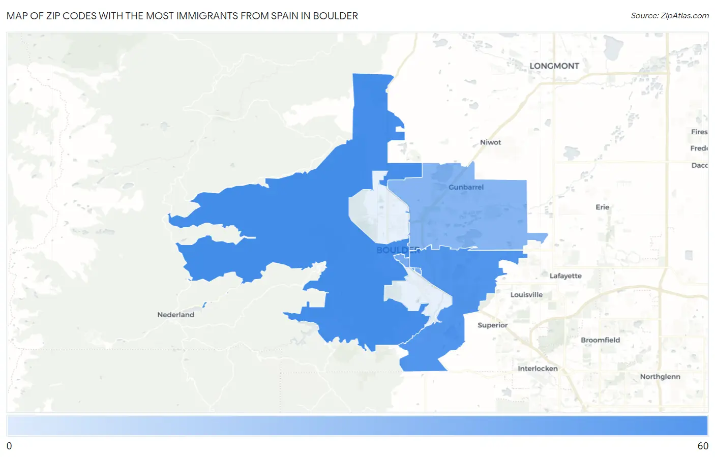 Zip Codes with the Most Immigrants from Spain in Boulder Map