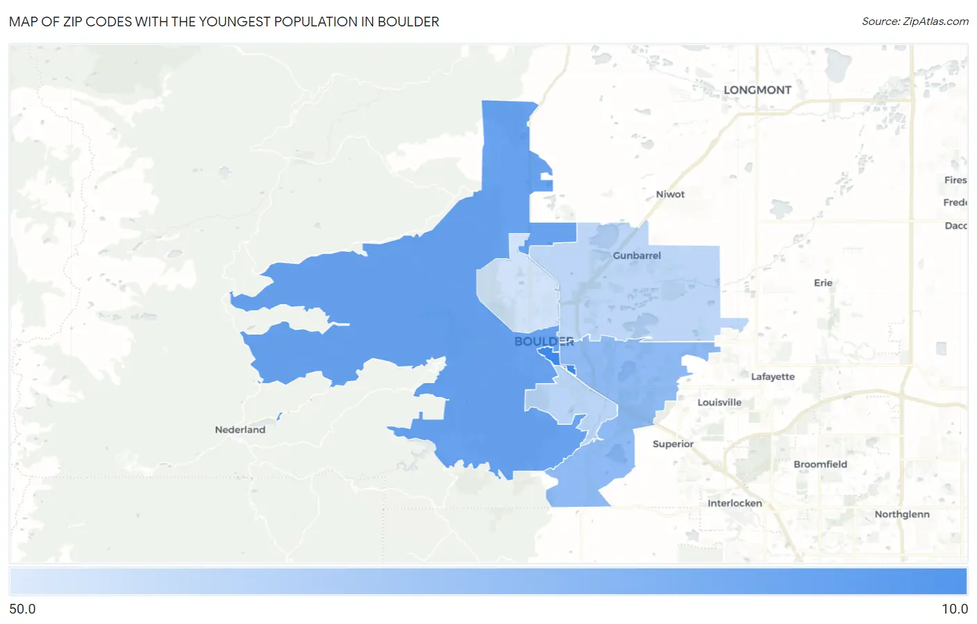 Zip Codes with the Youngest Population in Boulder Map