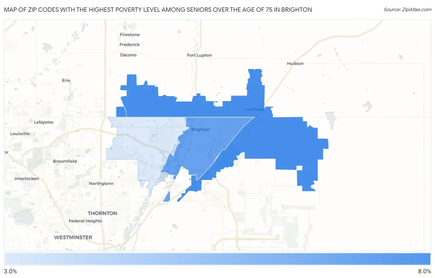 Zip Codes with the Highest Poverty Level Among Seniors Over the Age of 75 in Brighton Map