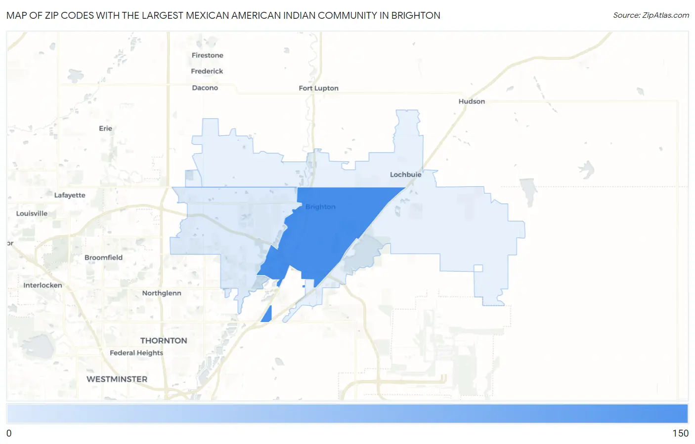 Zip Codes with the Largest Mexican American Indian Community in Brighton Map