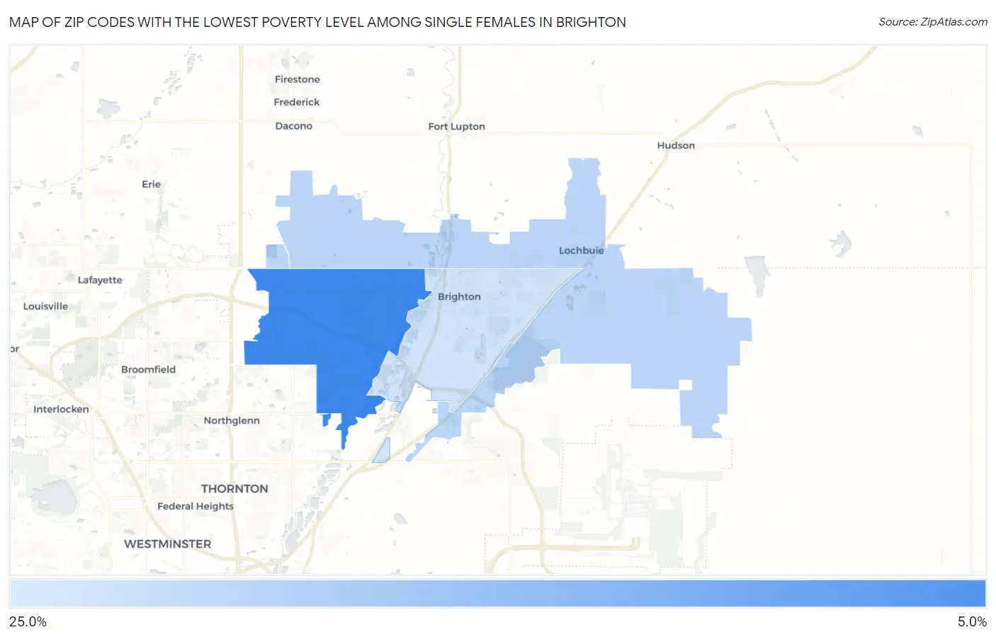 Zip Codes with the Lowest Poverty Level Among Single Females in Brighton Map