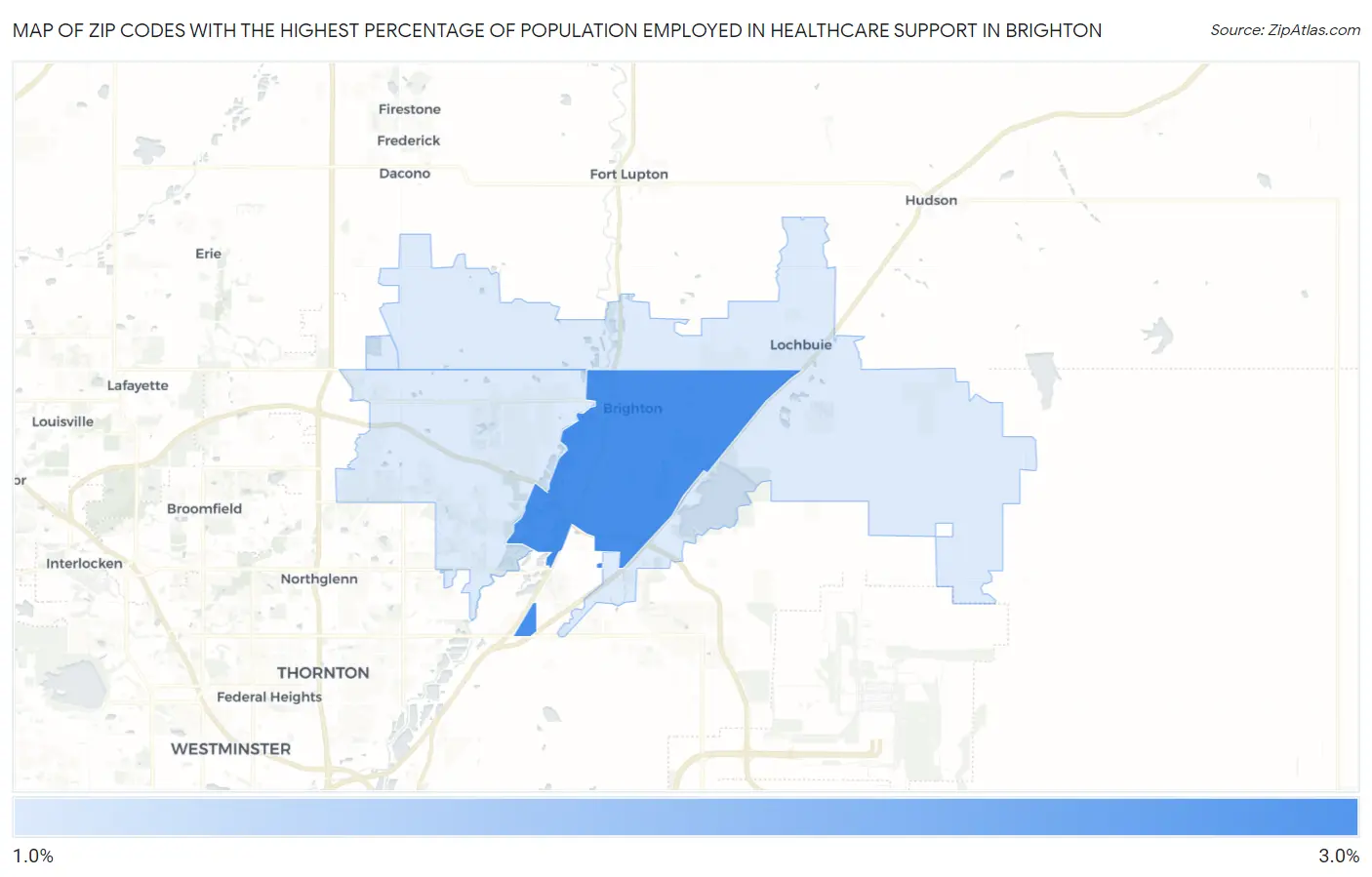 Zip Codes with the Highest Percentage of Population Employed in Healthcare Support in Brighton Map