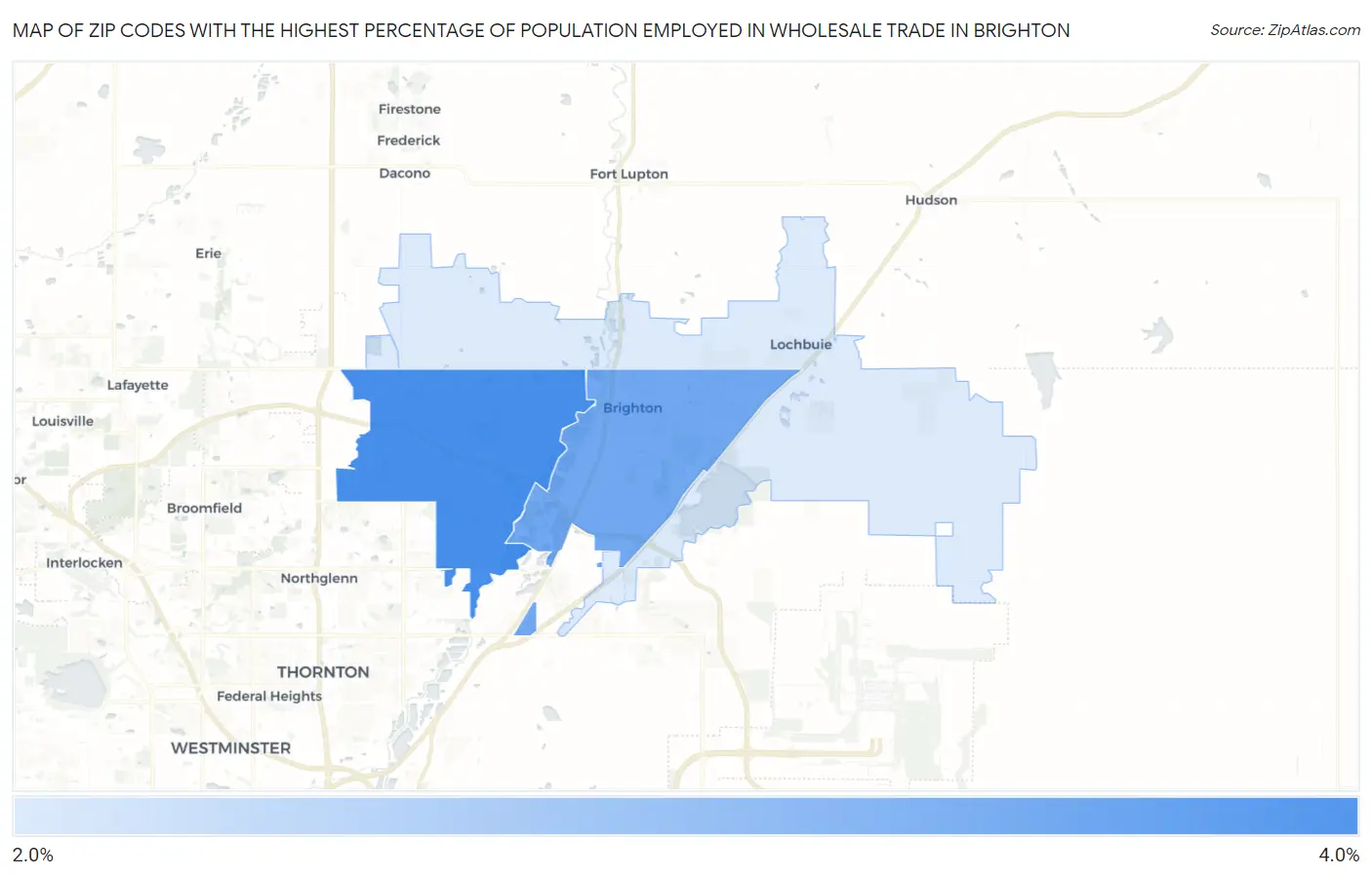Zip Codes with the Highest Percentage of Population Employed in Wholesale Trade in Brighton Map