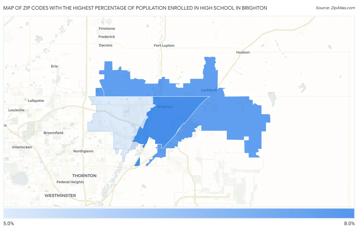 Zip Codes with the Highest Percentage of Population Enrolled in High School in Brighton Map