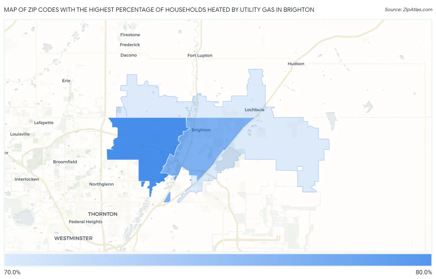 Zip Codes with the Highest Percentage of Households Heated by Utility Gas in Brighton Map