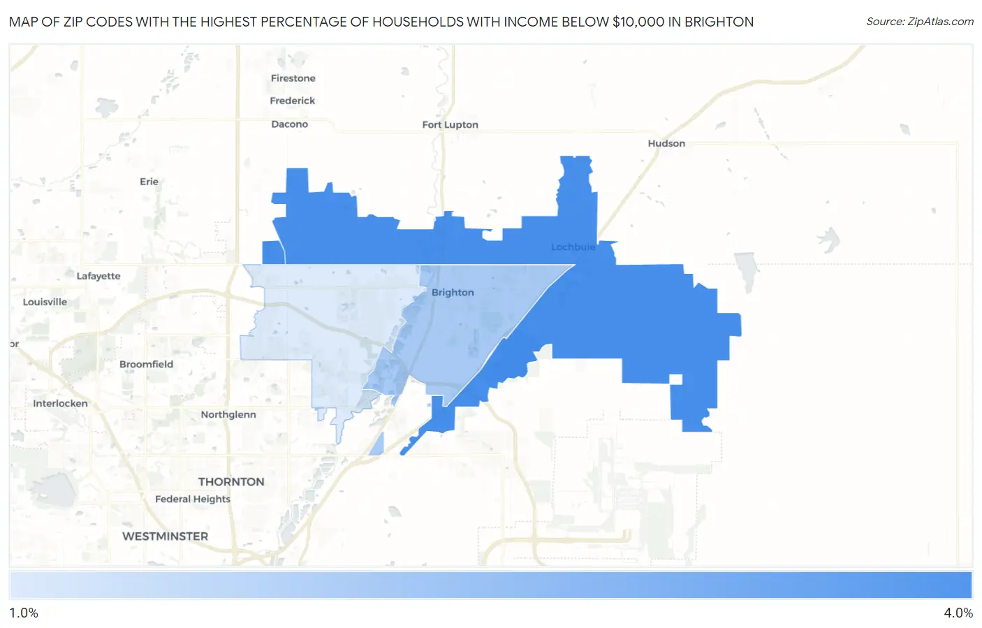 Zip Codes with the Highest Percentage of Households with Income Below $10,000 in Brighton Map