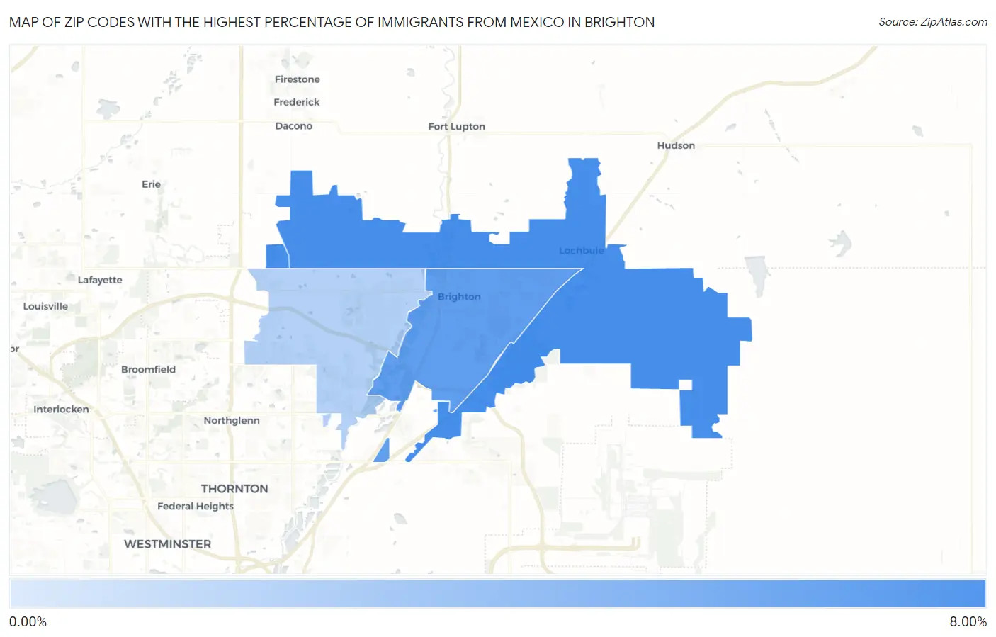 Zip Codes with the Highest Percentage of Immigrants from Mexico in Brighton Map