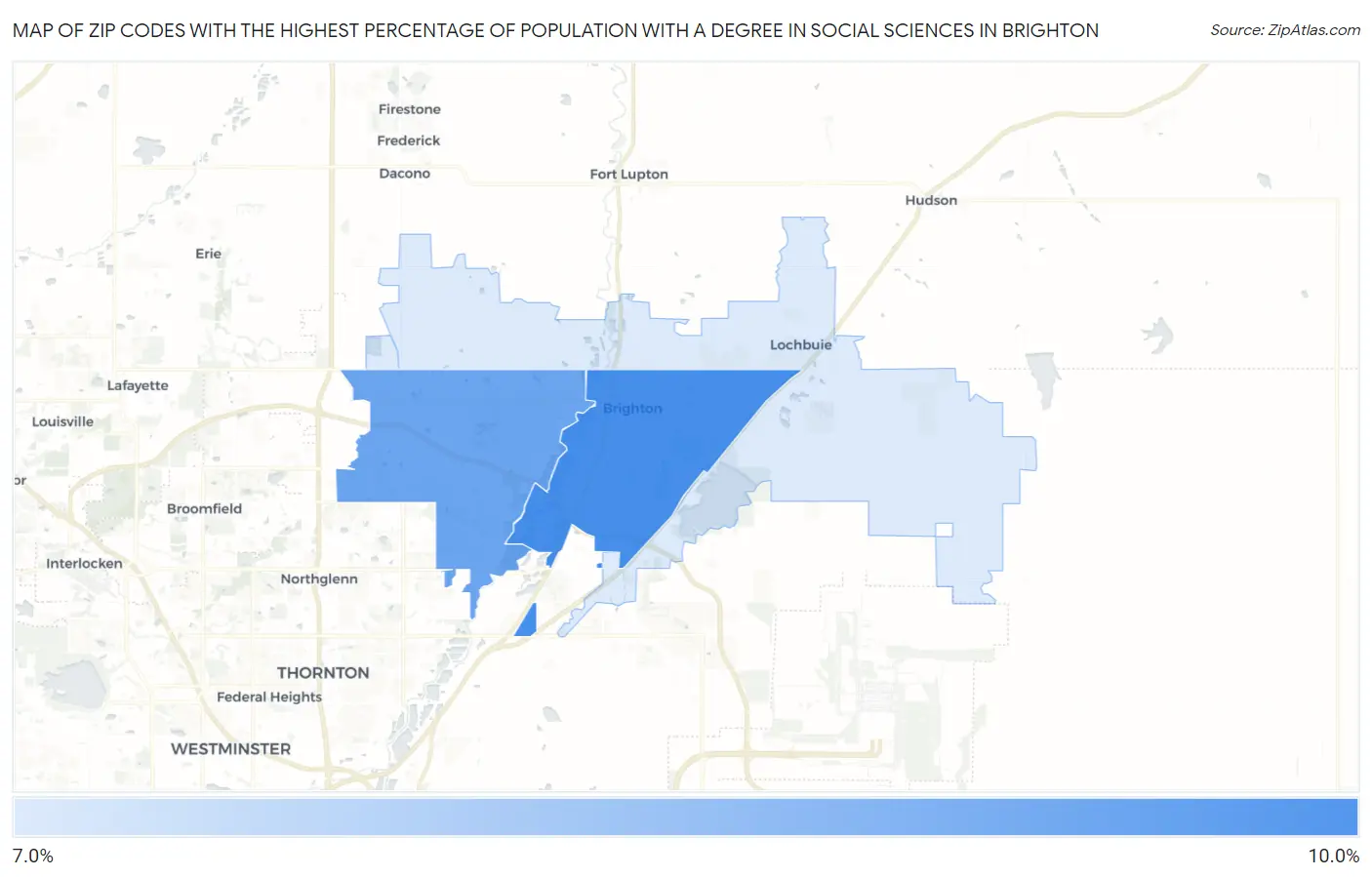 Zip Codes with the Highest Percentage of Population with a Degree in Social Sciences in Brighton Map