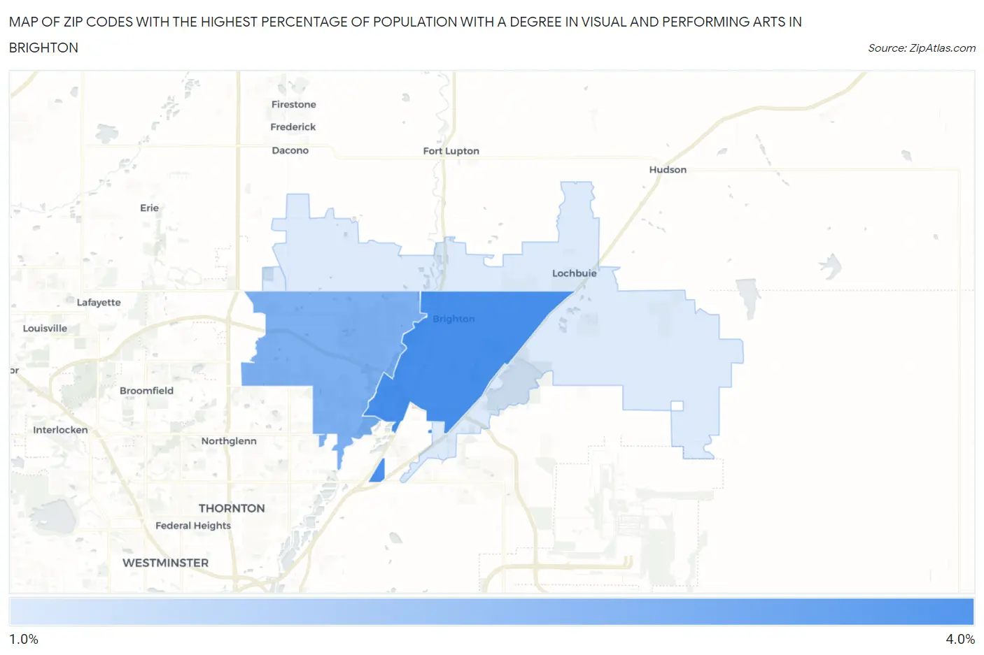Zip Codes with the Highest Percentage of Population with a Degree in Visual and Performing Arts in Brighton Map