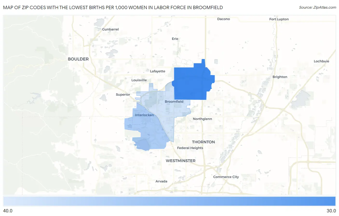 Zip Codes with the Lowest Births per 1,000 Women in Labor Force in Broomfield Map