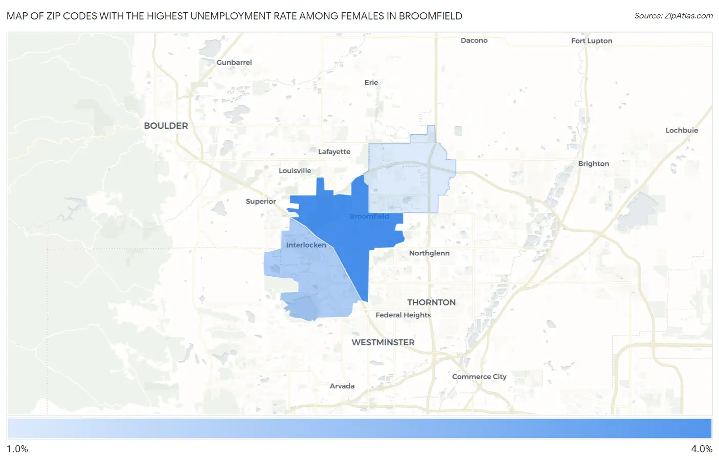Zip Codes with the Highest Unemployment Rate Among Females in Broomfield Map