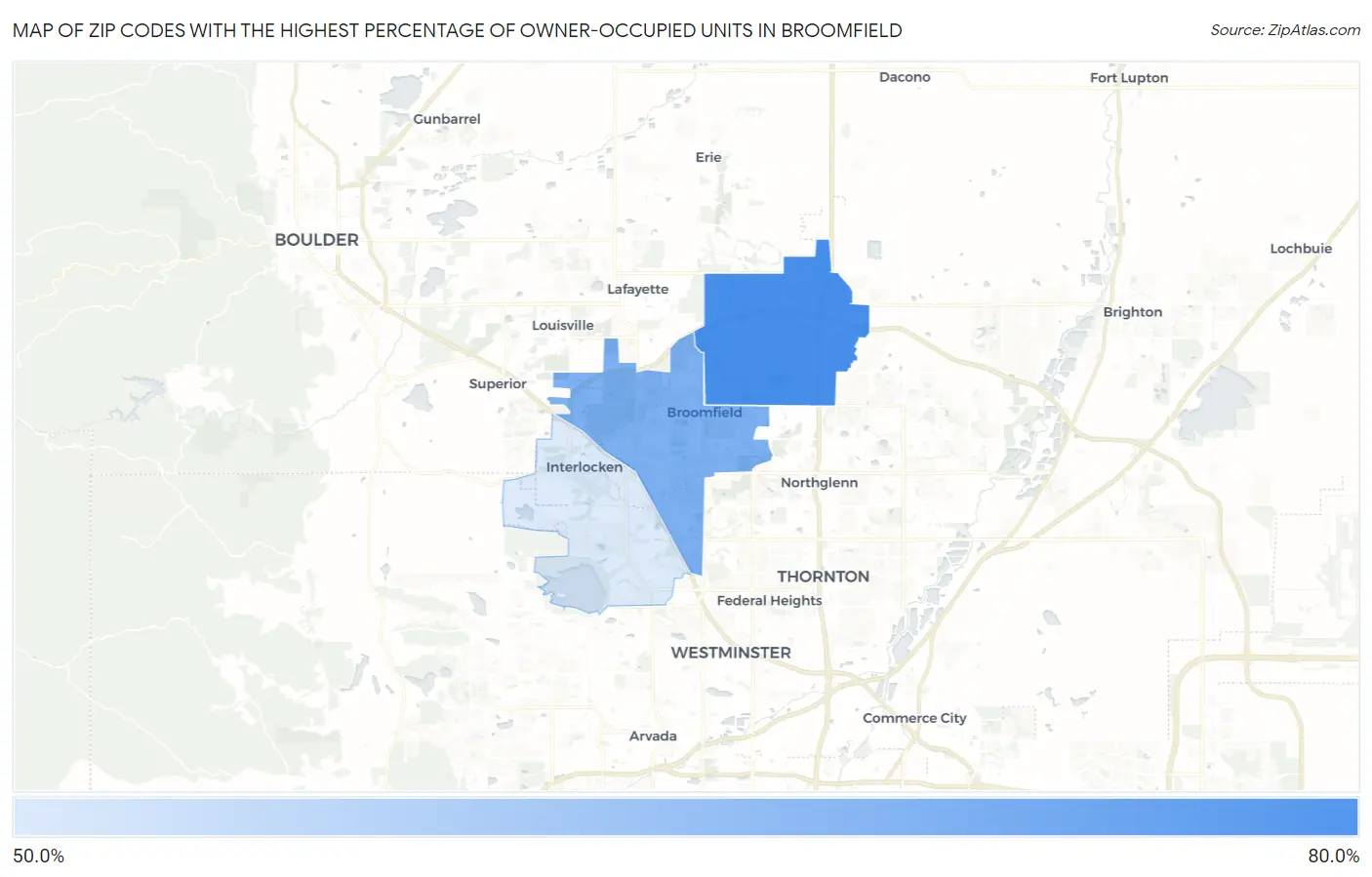 Zip Codes with the Highest Percentage of Owner-Occupied Units in Broomfield Map