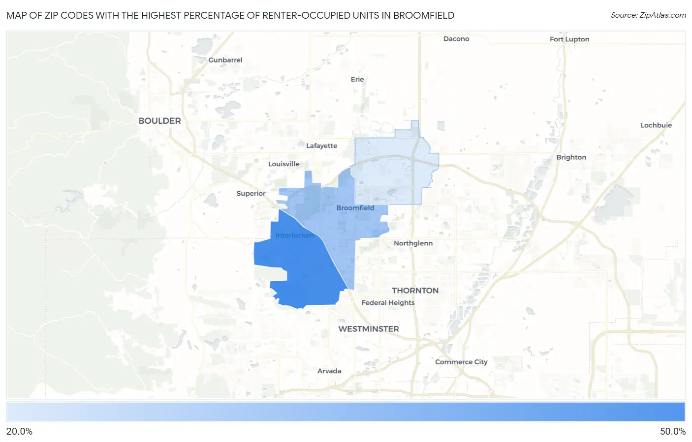 Zip Codes with the Highest Percentage of Renter-Occupied Units in Broomfield Map
