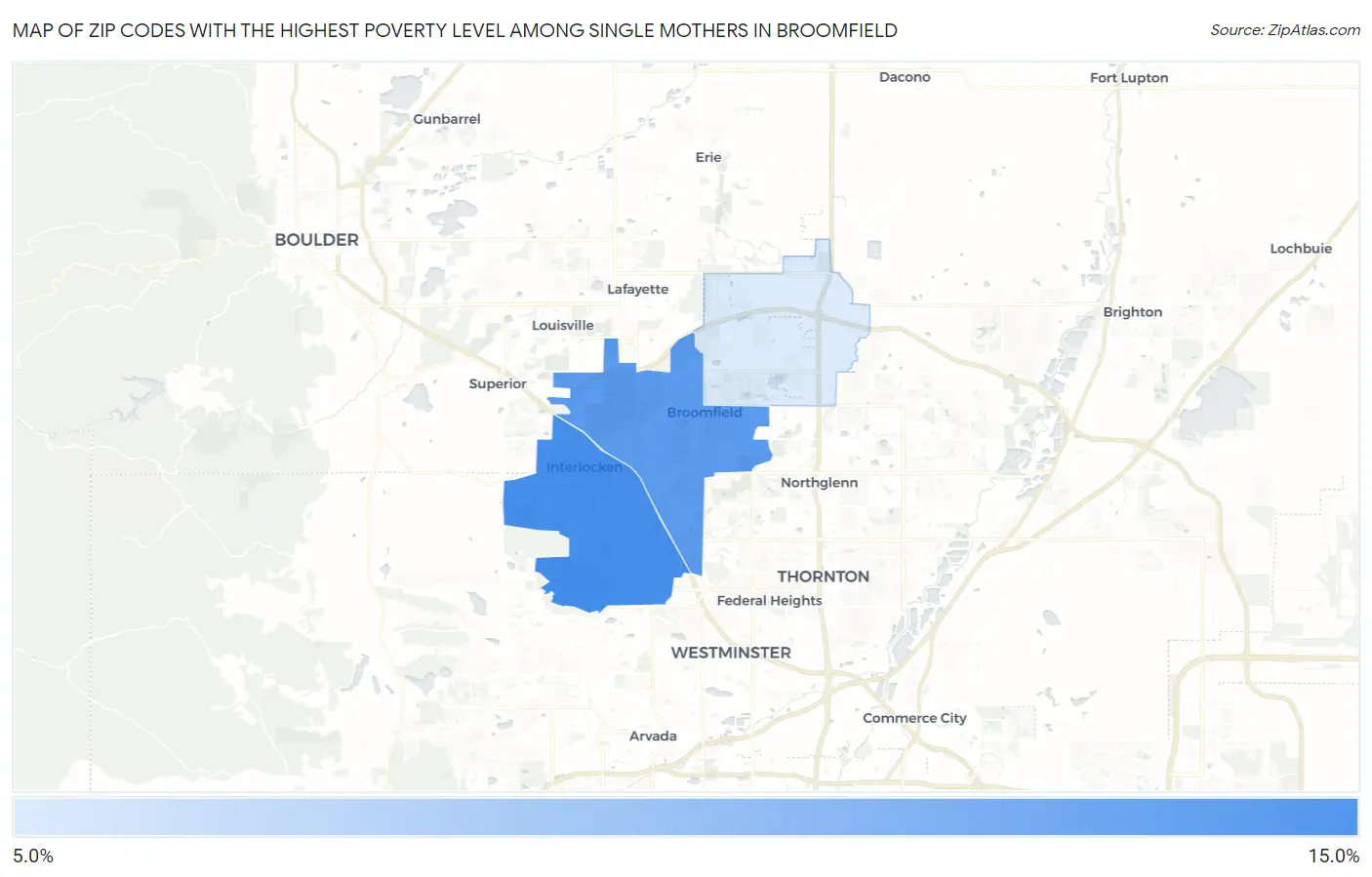 Zip Codes with the Highest Poverty Level Among Single Mothers in Broomfield Map