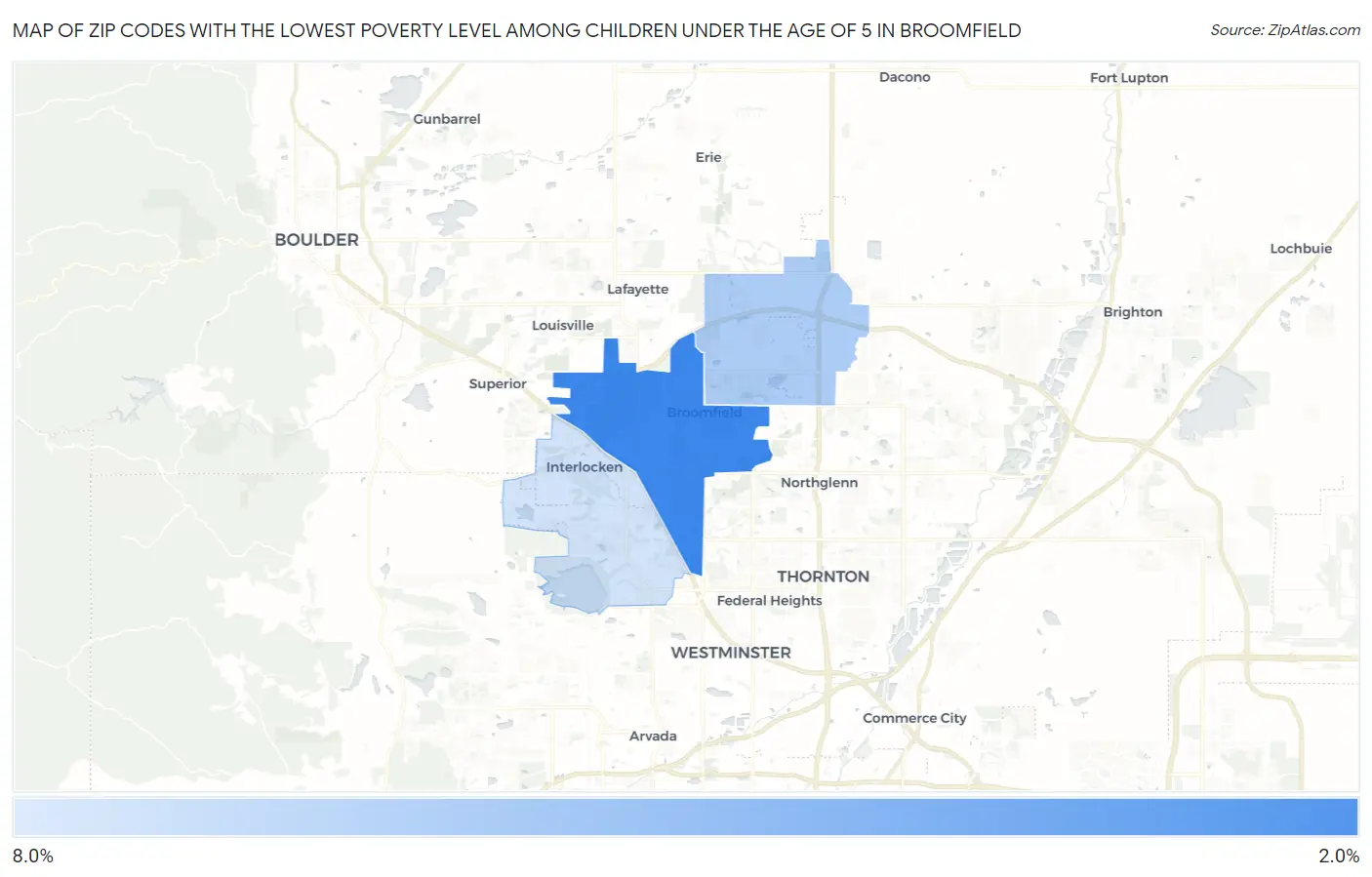 Zip Codes with the Lowest Poverty Level Among Children Under the Age of 5 in Broomfield Map