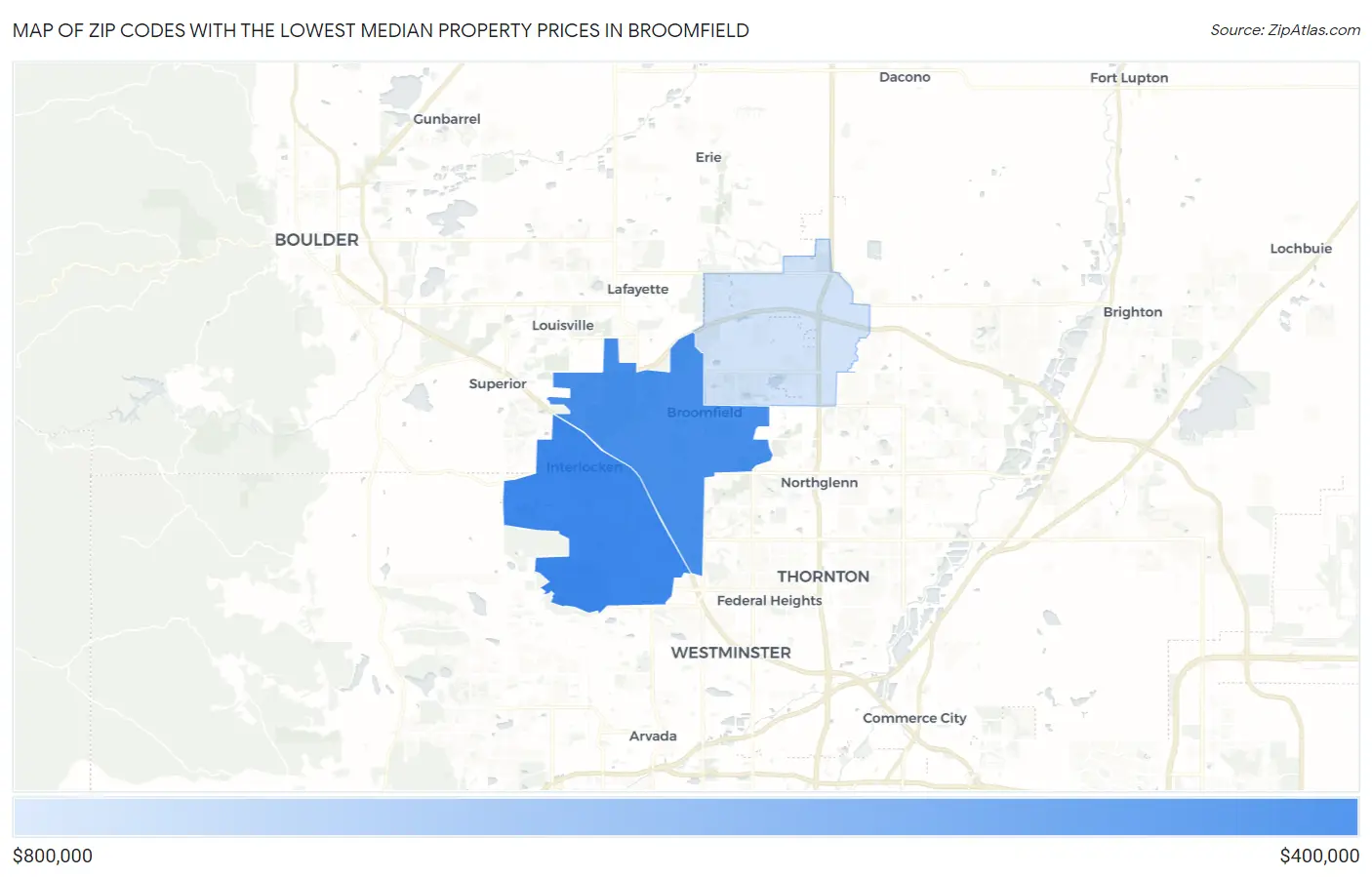 Zip Codes with the Lowest Median Property Prices in Broomfield Map