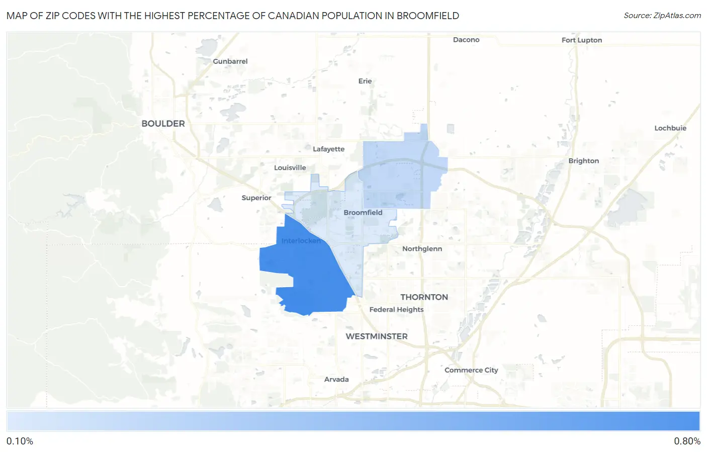Zip Codes with the Highest Percentage of Canadian Population in Broomfield Map