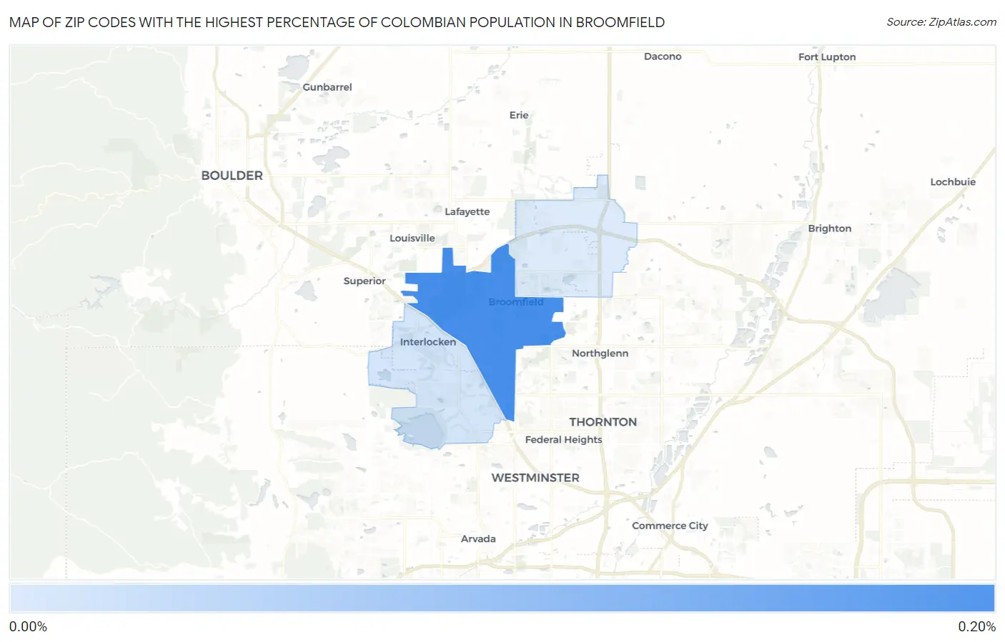Zip Codes with the Highest Percentage of Colombian Population in Broomfield Map