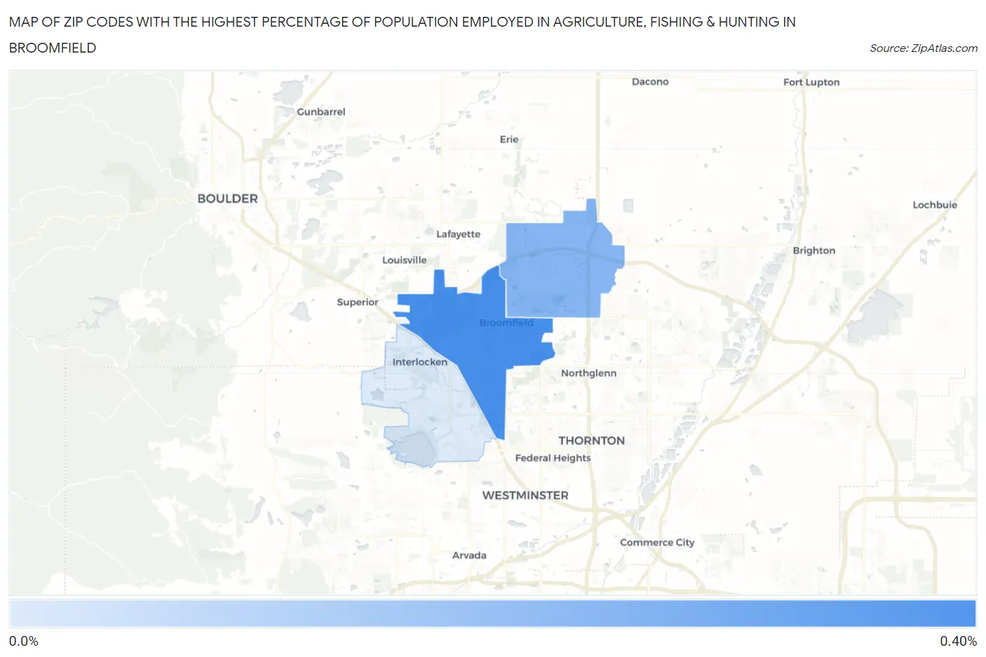 Zip Codes with the Highest Percentage of Population Employed in Agriculture, Fishing & Hunting in Broomfield Map