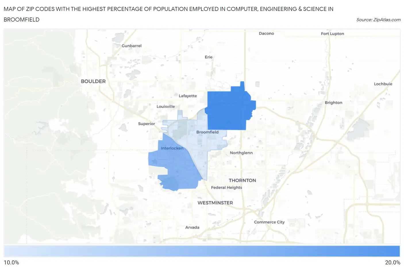 Zip Codes with the Highest Percentage of Population Employed in Computer, Engineering & Science in Broomfield Map