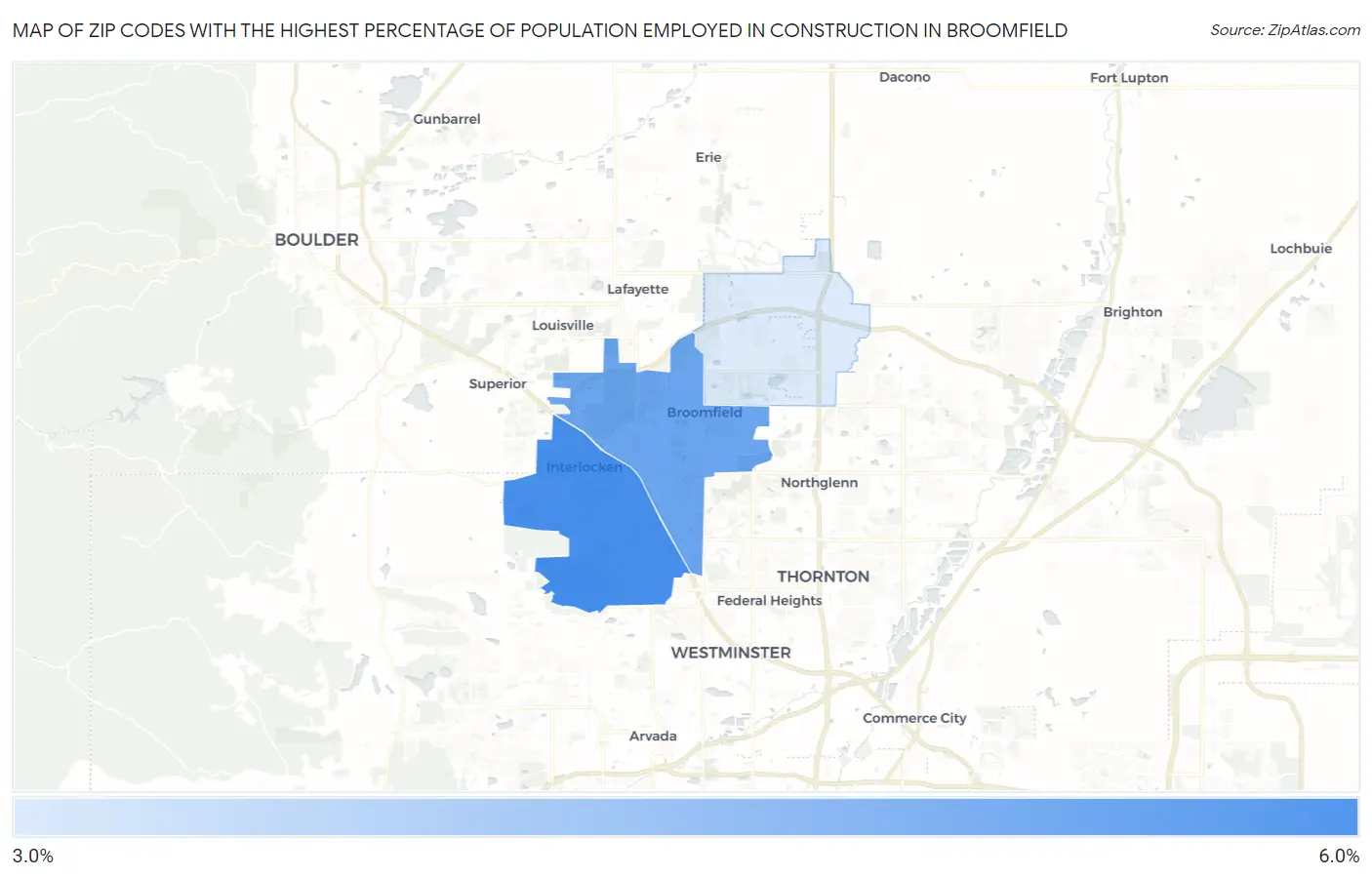 Zip Codes with the Highest Percentage of Population Employed in Construction in Broomfield Map
