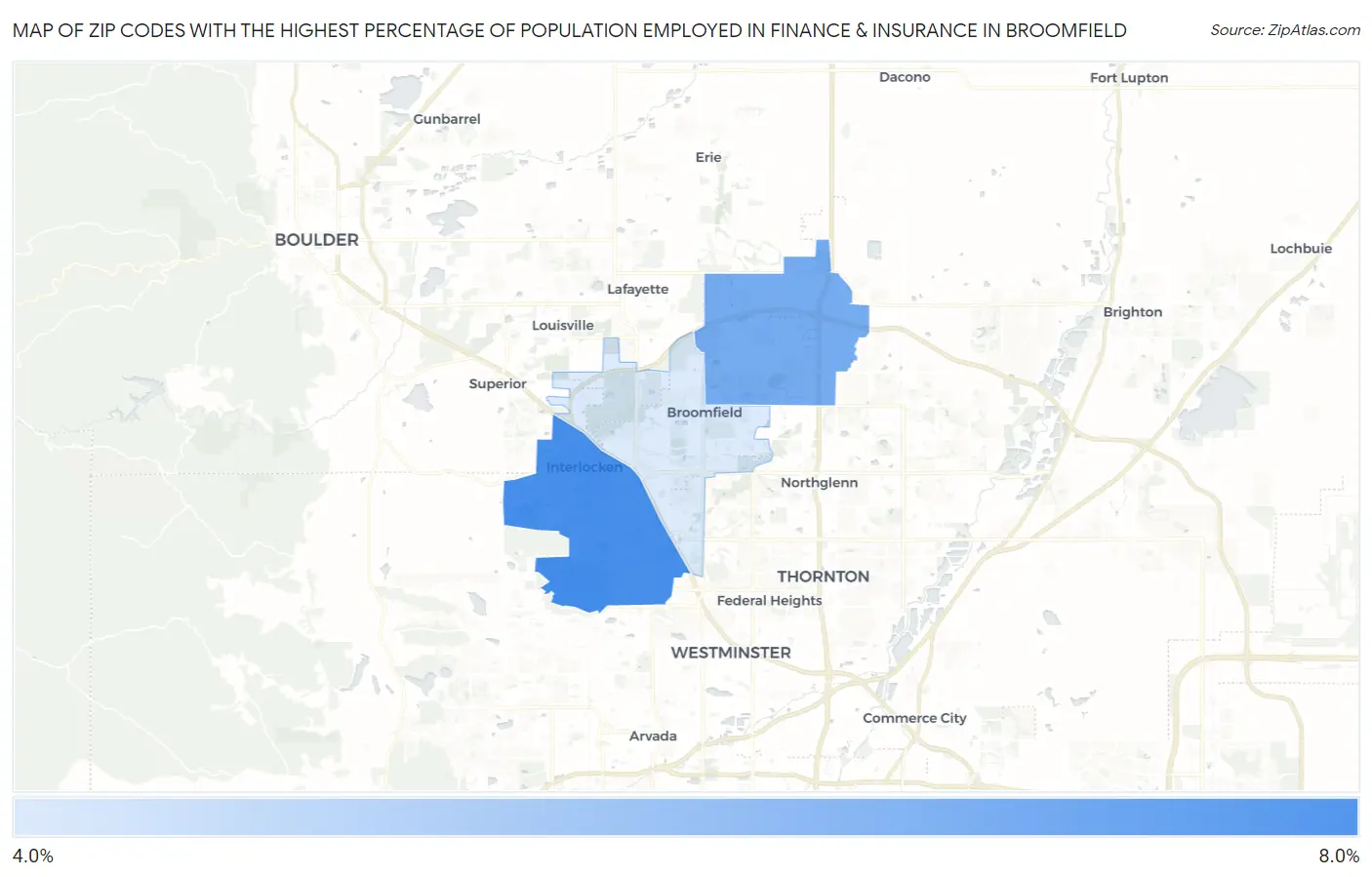 Zip Codes with the Highest Percentage of Population Employed in Finance & Insurance in Broomfield Map
