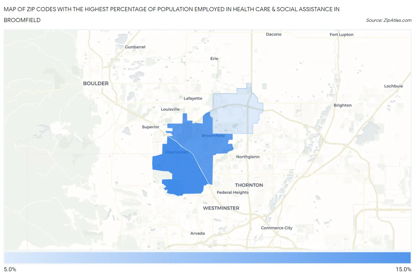 Zip Codes with the Highest Percentage of Population Employed in Health Care & Social Assistance in Broomfield Map