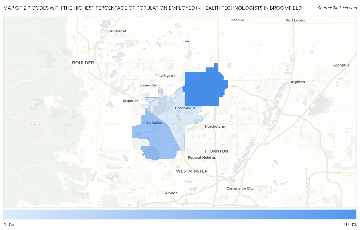 Zip Codes with the Highest Percentage of Population Employed in Health Technologists in Broomfield Map