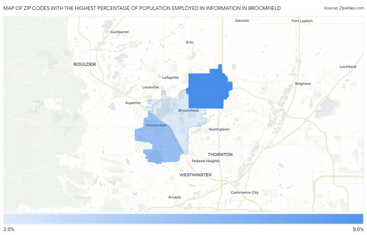 Zip Codes with the Highest Percentage of Population Employed in Information in Broomfield Map