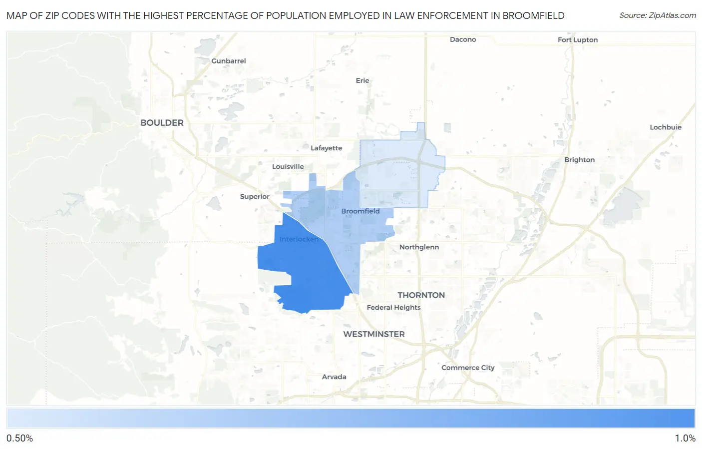 Zip Codes with the Highest Percentage of Population Employed in Law Enforcement in Broomfield Map