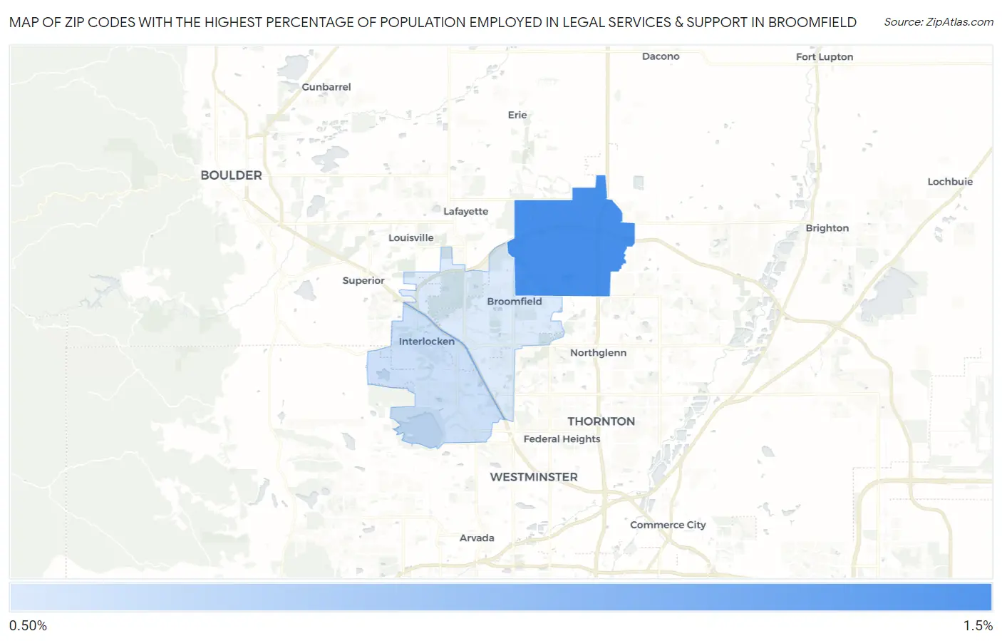 Zip Codes with the Highest Percentage of Population Employed in Legal Services & Support in Broomfield Map