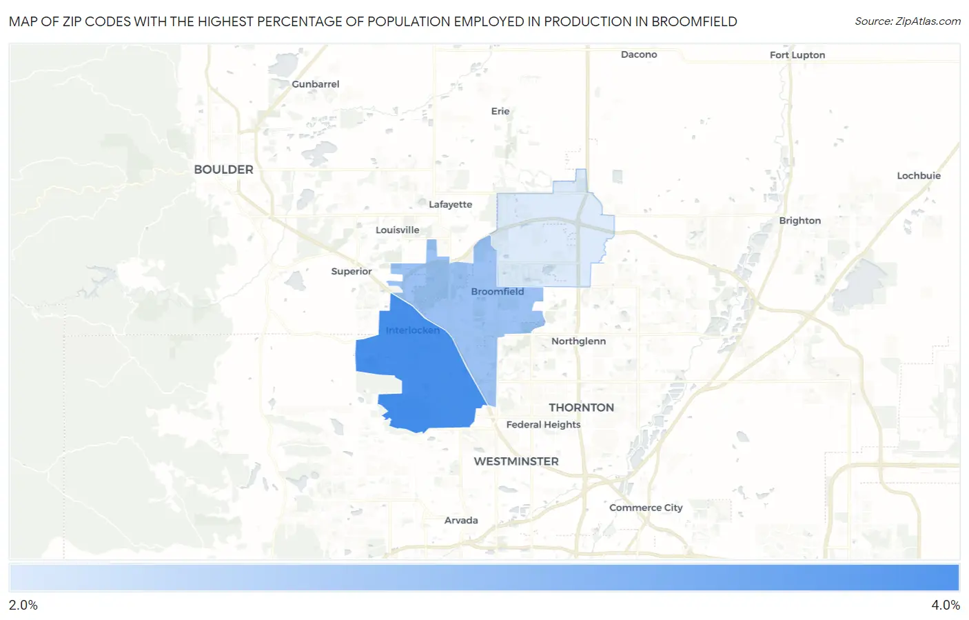Zip Codes with the Highest Percentage of Population Employed in Production in Broomfield Map