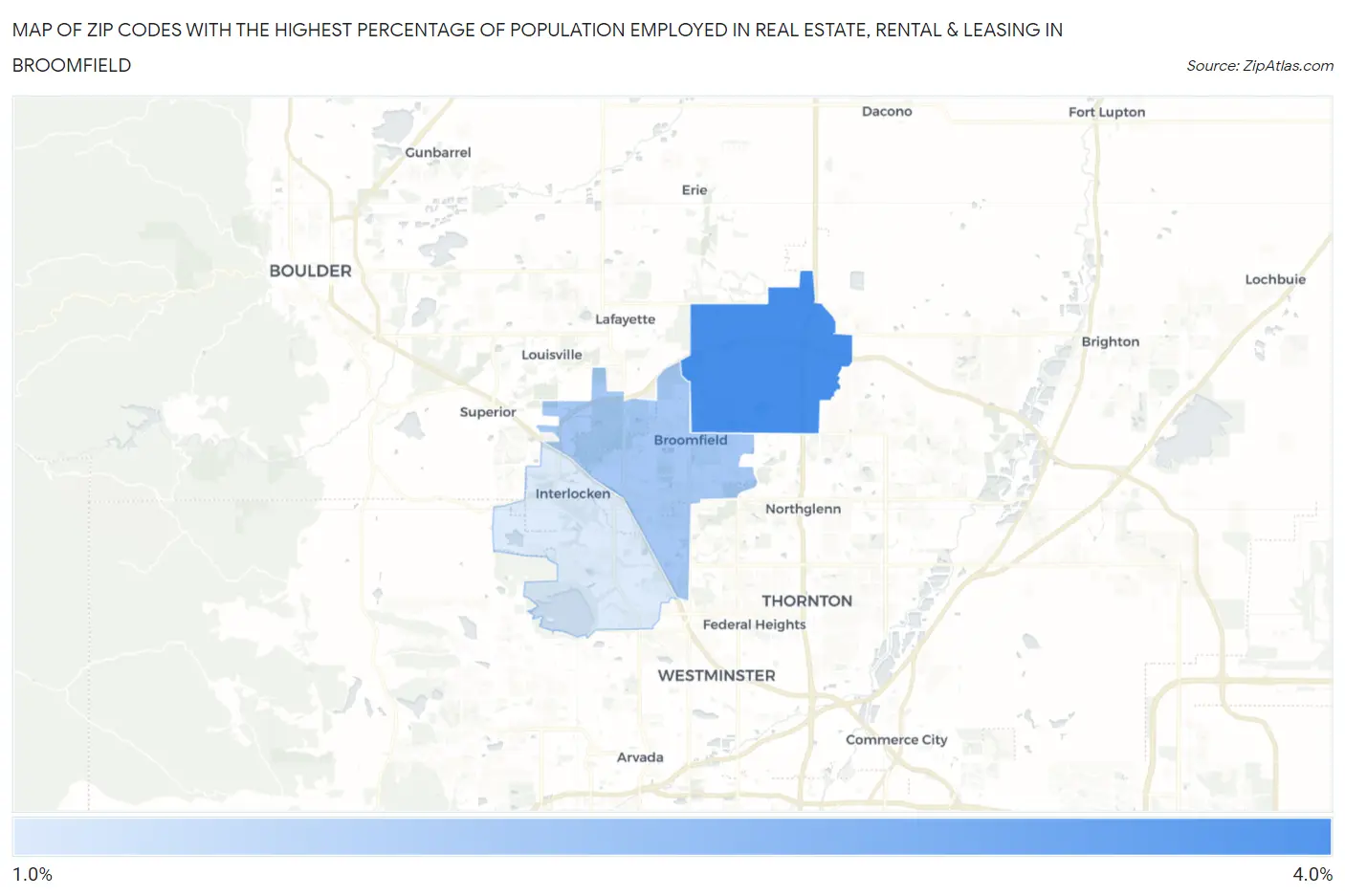 Zip Codes with the Highest Percentage of Population Employed in Real Estate, Rental & Leasing in Broomfield Map