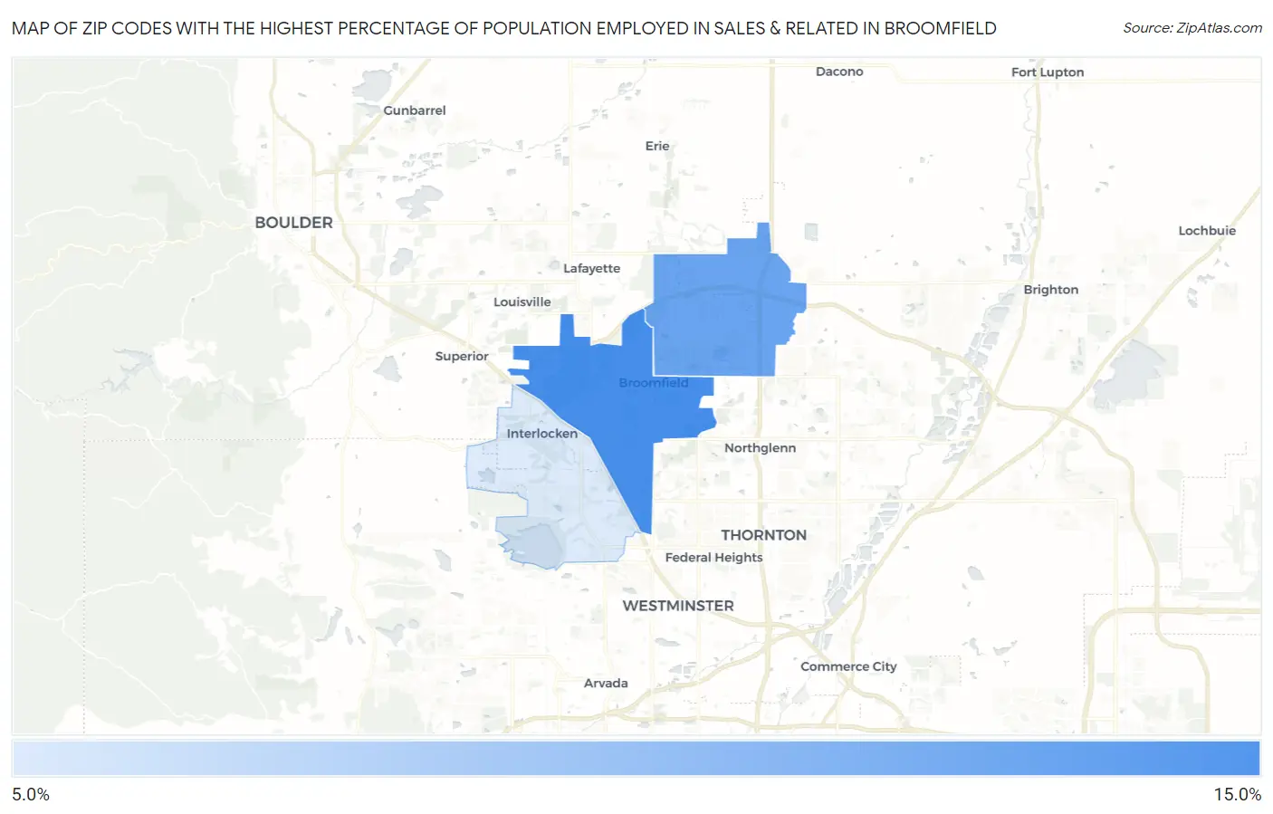 Zip Codes with the Highest Percentage of Population Employed in Sales & Related in Broomfield Map