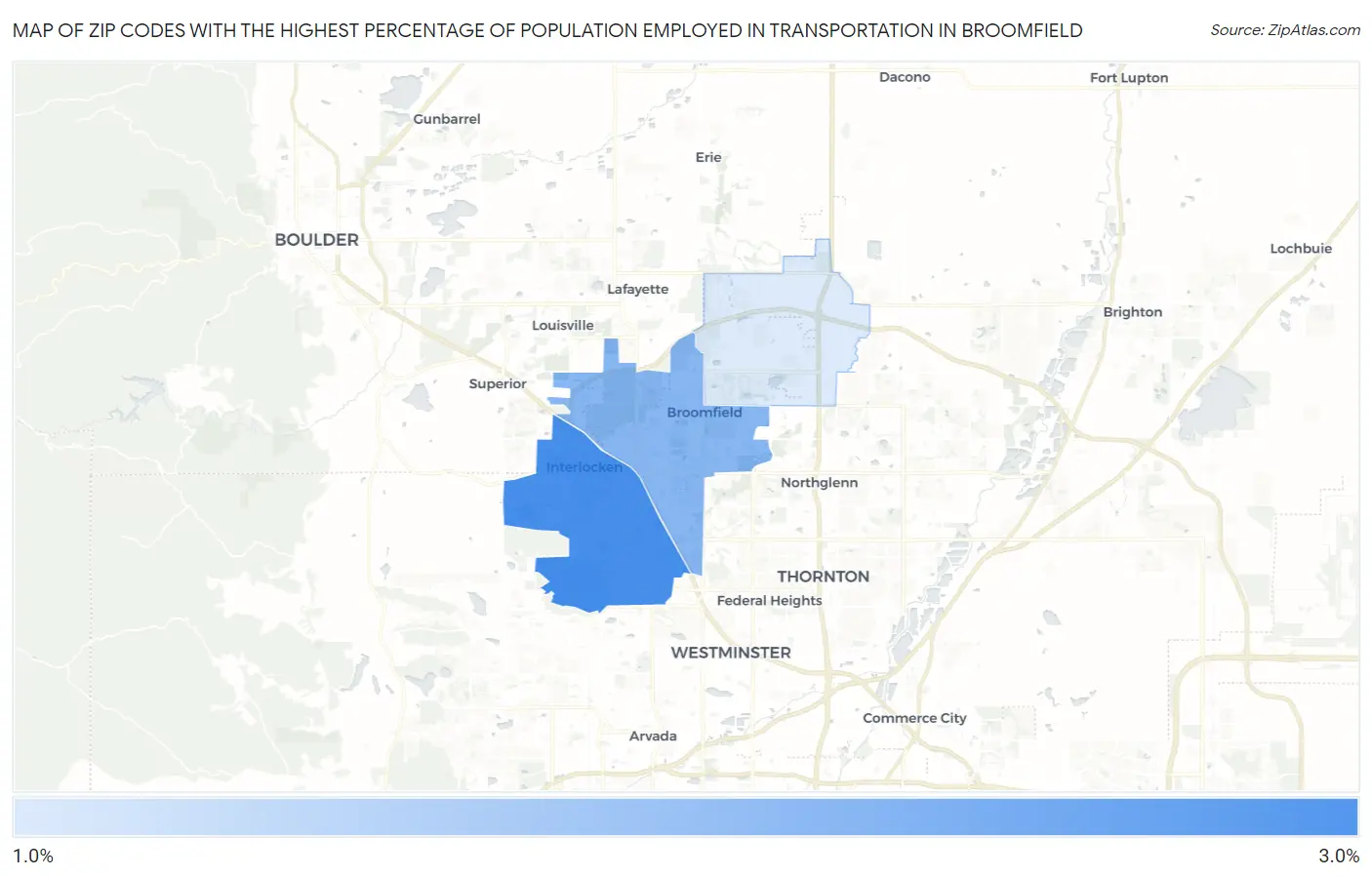 Zip Codes with the Highest Percentage of Population Employed in Transportation in Broomfield Map