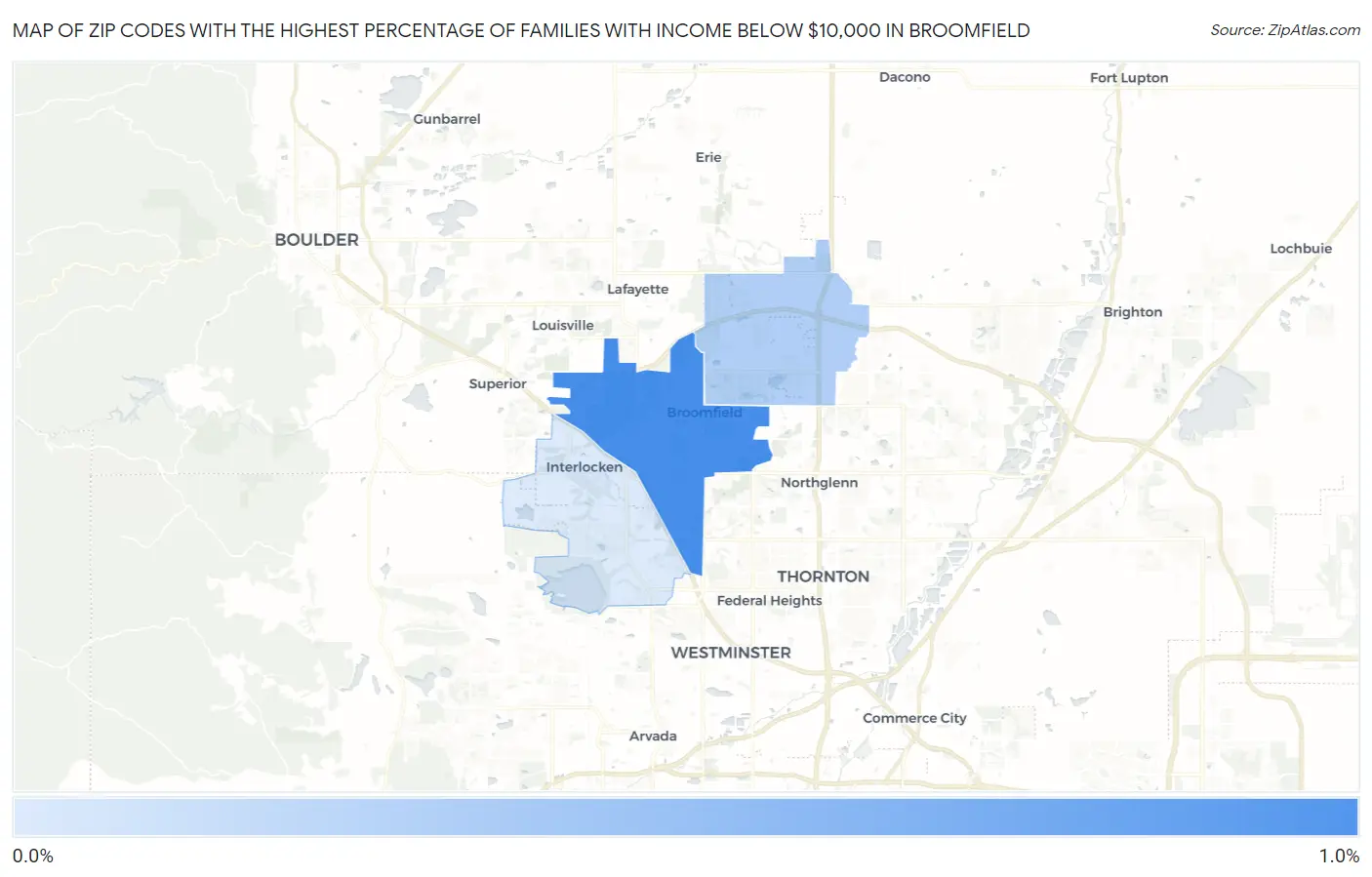 Zip Codes with the Highest Percentage of Families with Income Below $10,000 in Broomfield Map