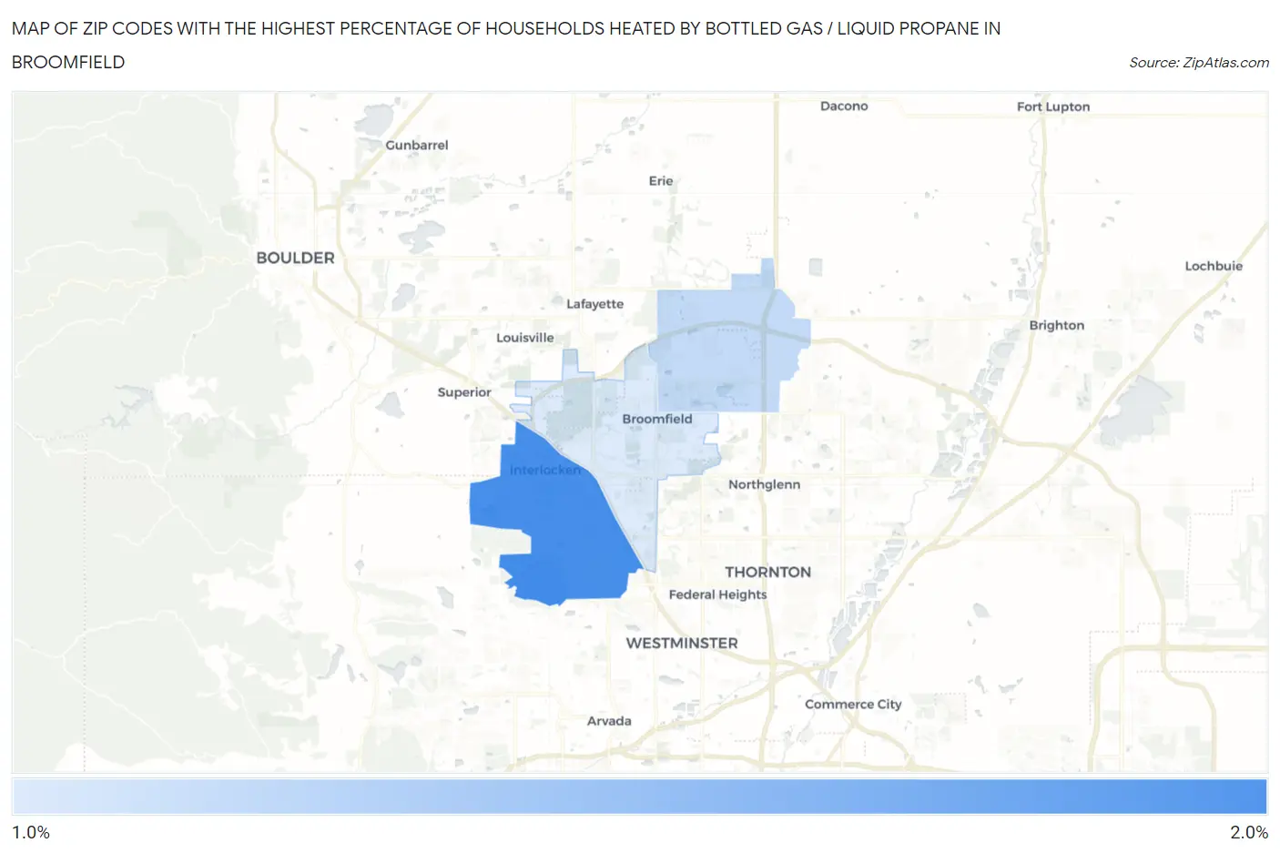 Zip Codes with the Highest Percentage of Households Heated by Bottled Gas / Liquid Propane in Broomfield Map