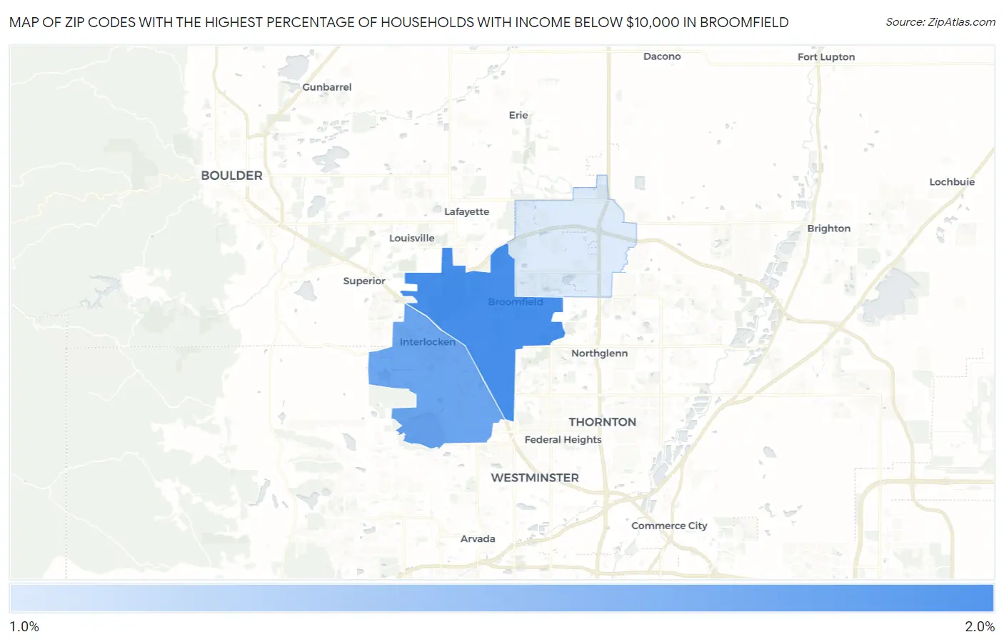 Zip Codes with the Highest Percentage of Households with Income Below $10,000 in Broomfield Map