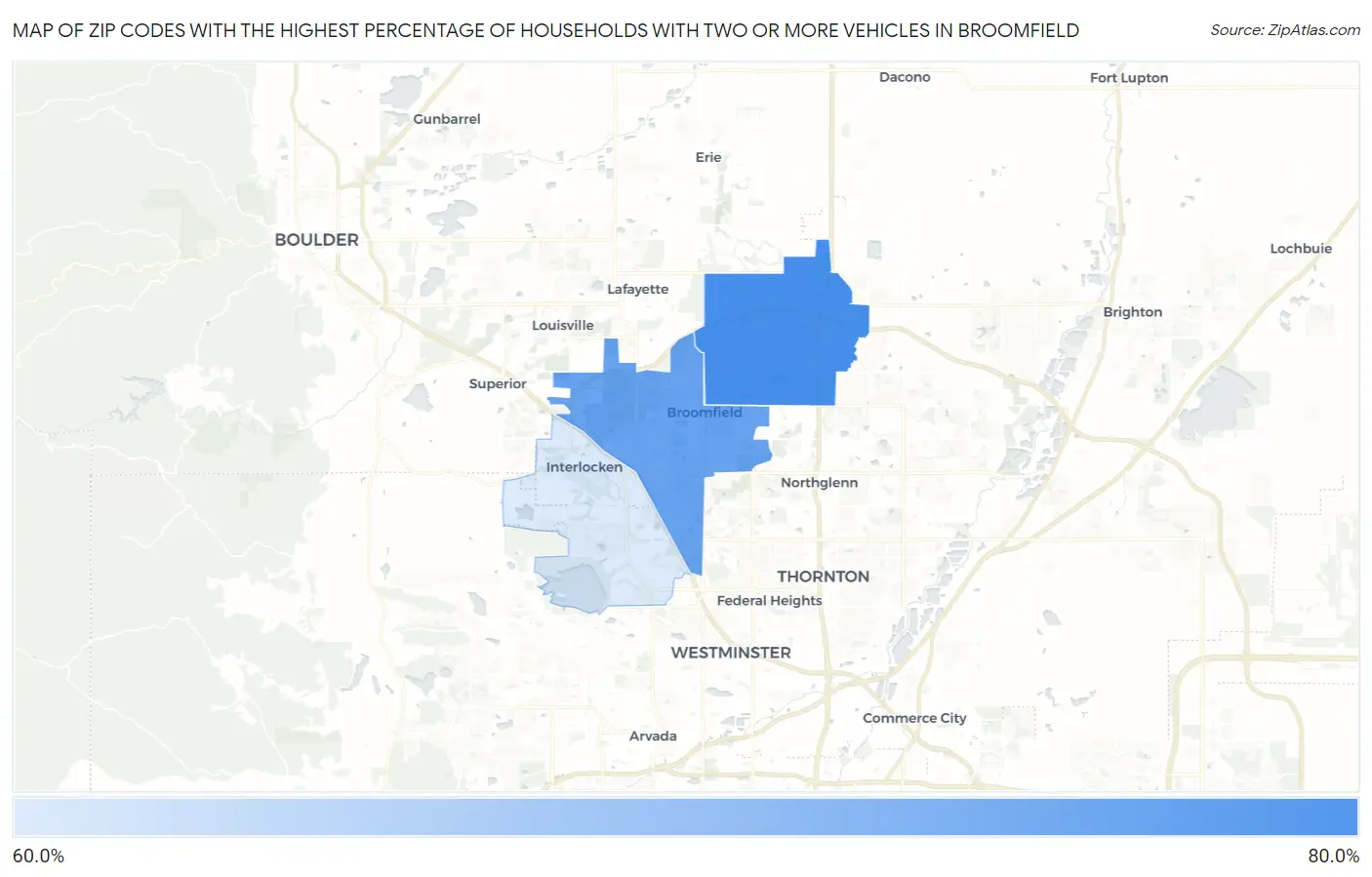 Zip Codes with the Highest Percentage of Households With Two or more Vehicles in Broomfield Map