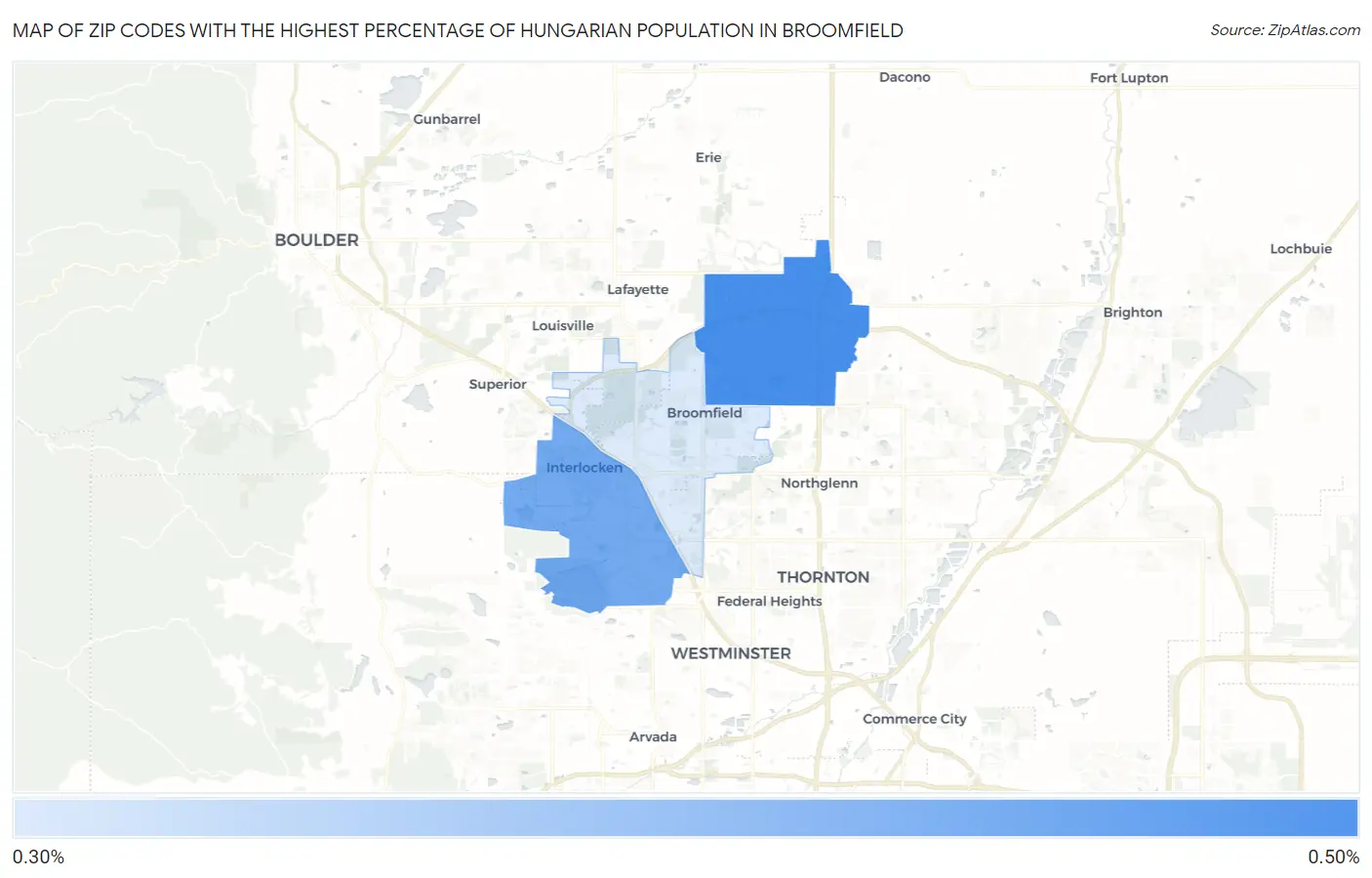 Zip Codes with the Highest Percentage of Hungarian Population in Broomfield Map