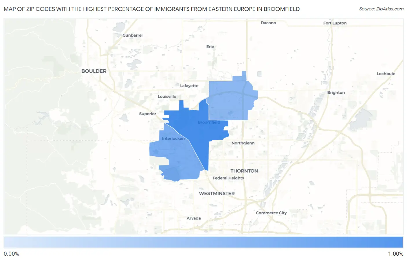 Zip Codes with the Highest Percentage of Immigrants from Eastern Europe in Broomfield Map