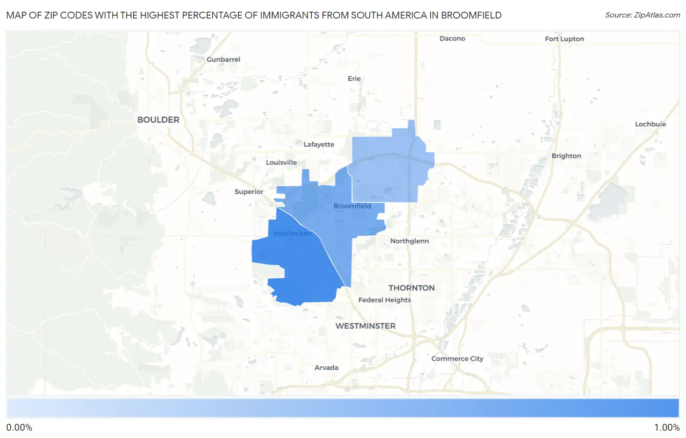 Zip Codes with the Highest Percentage of Immigrants from South America in Broomfield Map